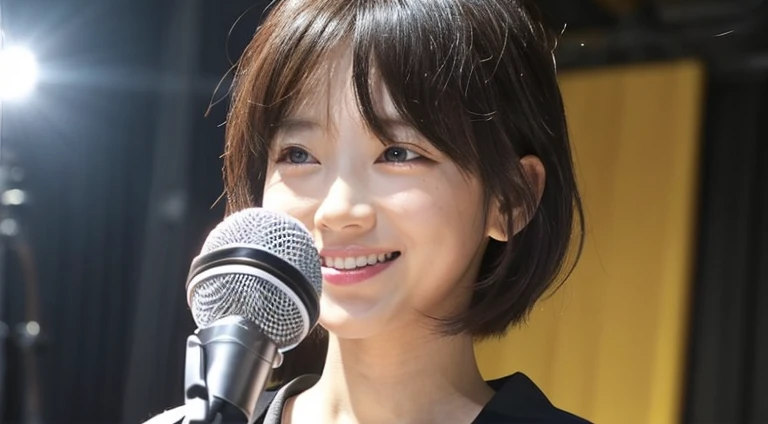 masterpiece、逼真、A detailed eye、Detailed eyes、cute little、looking at viewert、inside in room、audition、film grains、Wrinkled skin、age19、femele、独奏、Shorthair with black hair、Bob Hair、hitornfreckles、a smile、s lips、audition会場、microphone、microphoneの前に立つ、The upper part of the body