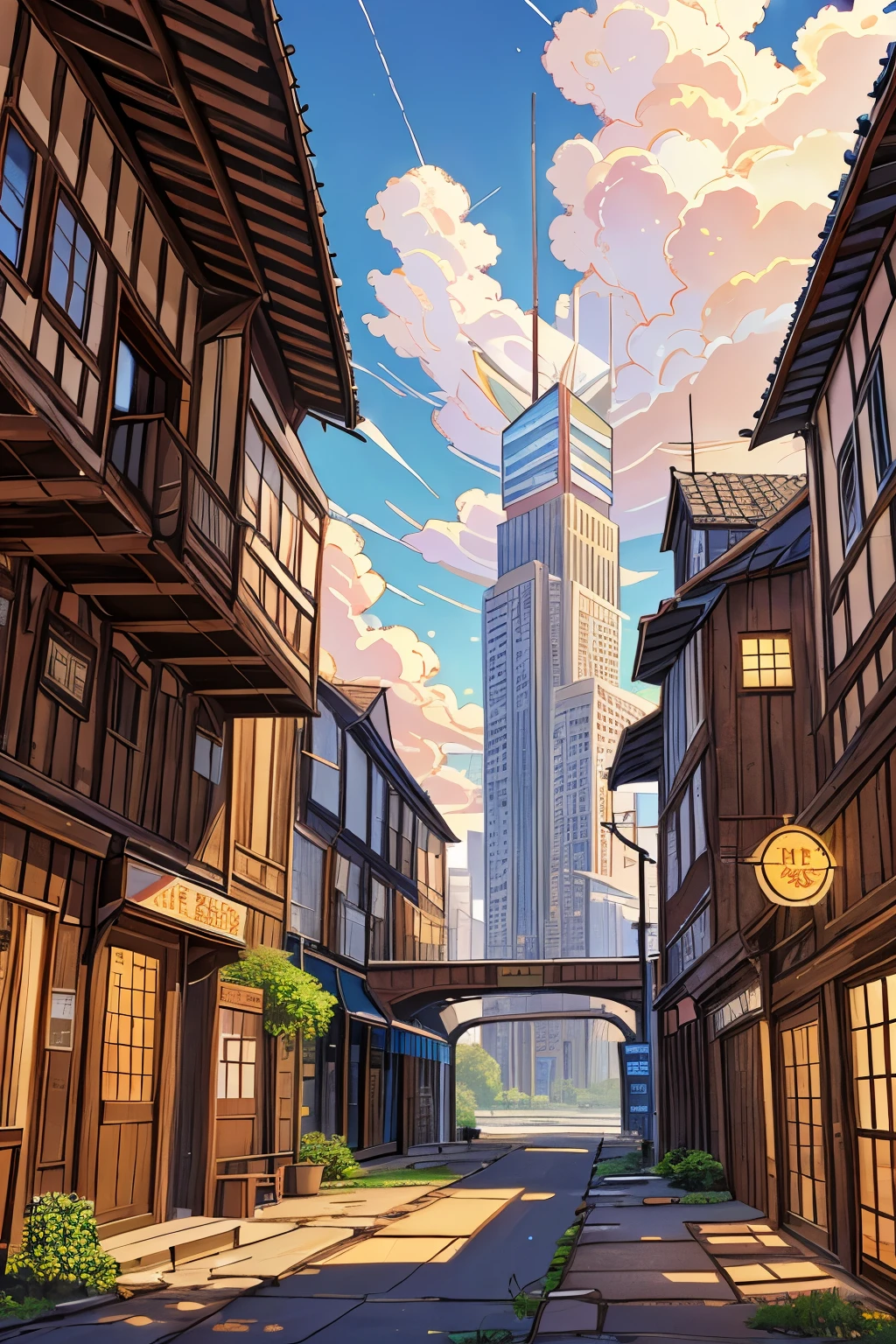 modern skyscraper towering over an old abandoned medieval city, Sheds and taverns, Nuvens de tempestade, scenery and a Hello Kitty store