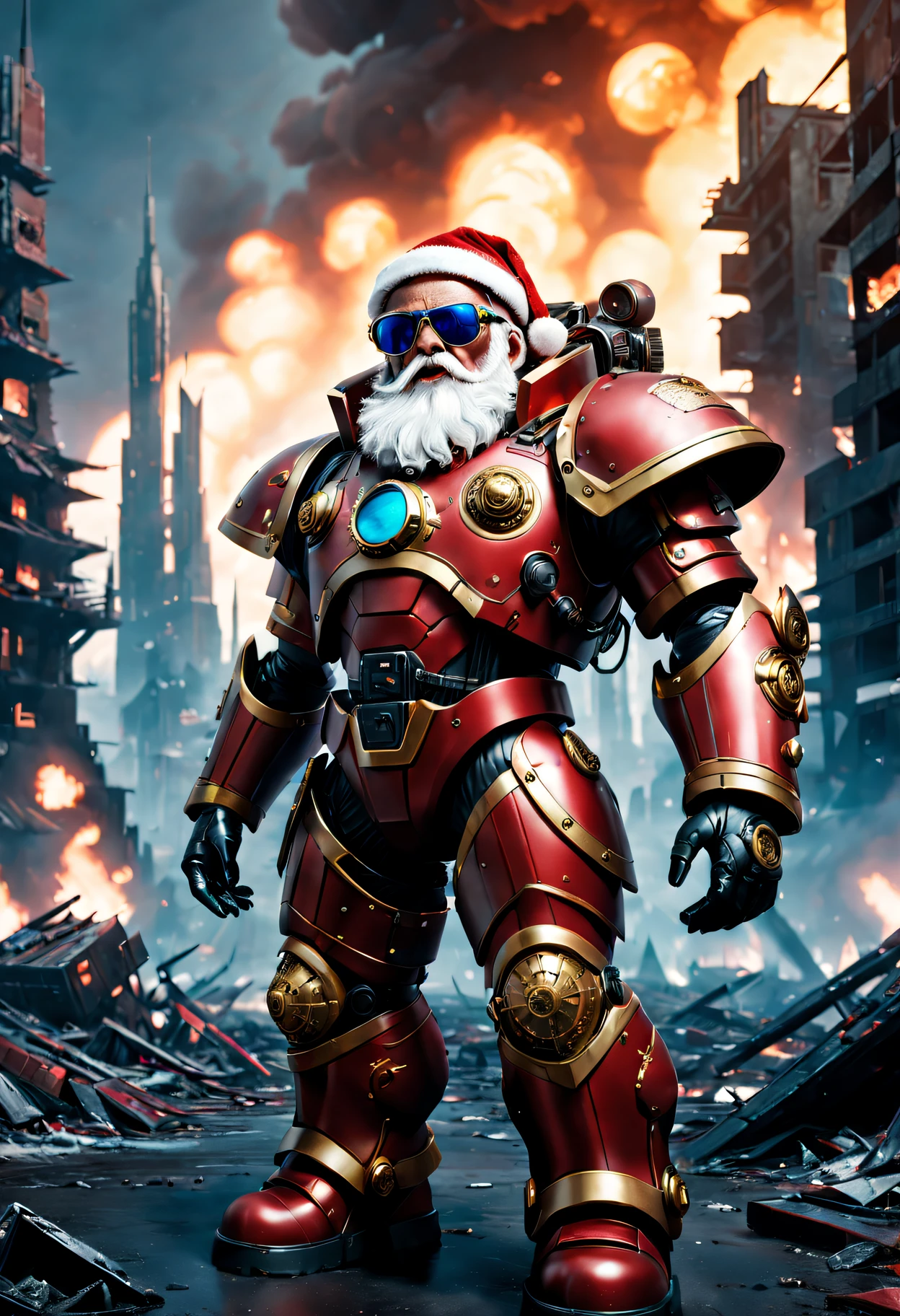 Warhammer 40K Cosmic Cybernetic Santa Claus，Red gold armor mechanical suit，shiny blue sunglasseierce war environment，Destroyed buildings and flames，The background is a futuristic cityscape，Radar integrated into Santa hat，severe and threatening atmosphere，Sci-fi cyberpunk aesthetics，High contrast and desaturated tones，Dramatic and dynamic lighting effect quality,4K,A high resolution,tmasterpiece:1.2),ultra - detailed,(actual,photoactual,photo-actual:1.37)