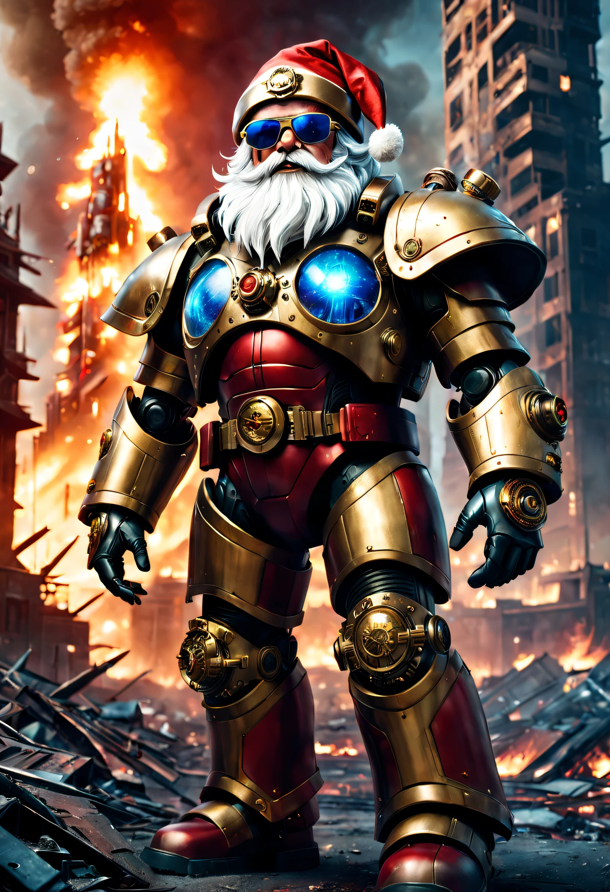 Warhammer 40K Cosmic Cybernetic Santa Claus,Red gold armor mechanical suit,shiny blue sunglasseierce war environment,Destroyed buildings and flames,The background is a futuristic cityscape,Radar integrated into Santa hat,severe and threatening atmosphere,Sci-fi cyberpunk aesthetics,High contrast and desaturated tones,Dramatic and dynamic lighting effect quality,4K,A high resolution,tmasterpiece:1.2),ultra - detailed,(actual,photoactual,photo-actual:1.37)
