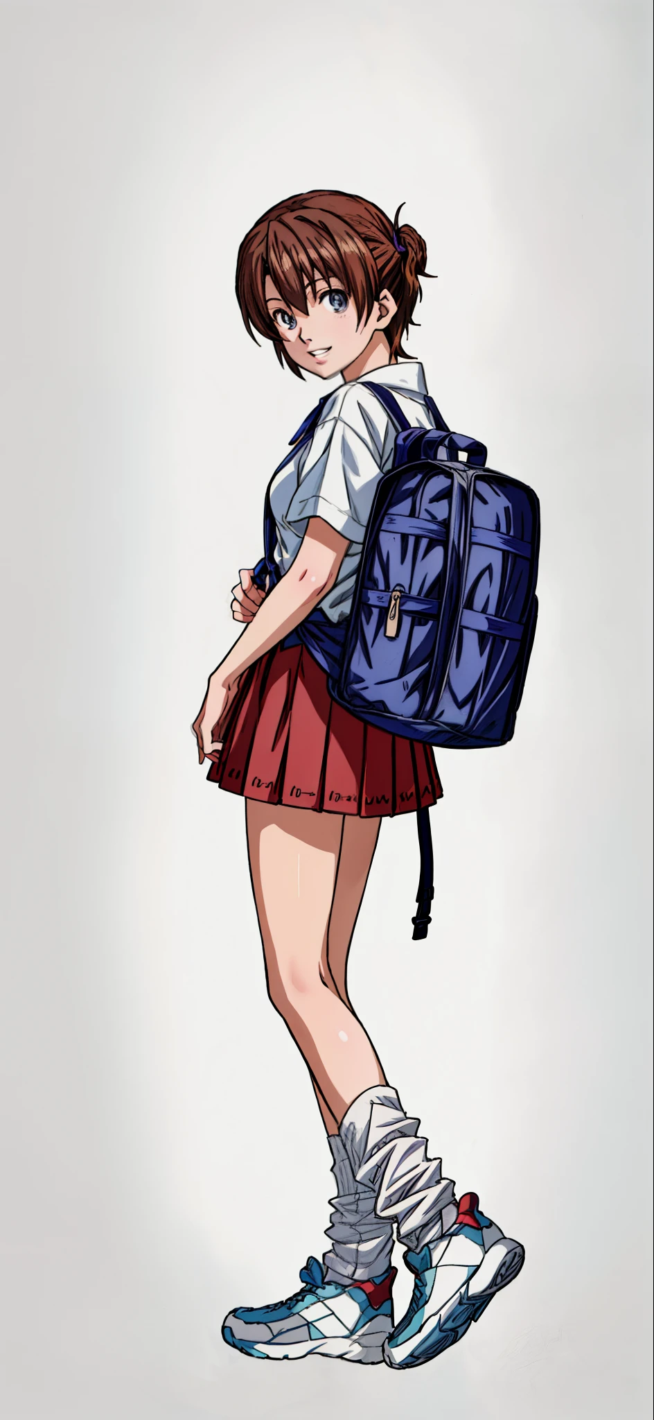 (Best Quality,4K,8K,hight resolution,masutepiece:1.2), Ultra-detailed, (Realistic,photoRealistic,photo-Realistic:1.37), meadow girl, grin,She is wearing a white shirt and blue workout clothes, White loose socks,Black sneakers,Beautiful detailed eyes, Beautiful detailed lips, extremely detailed eye and face, long eyelashes, Realistic anime 3D style, Smooth Anime CG Art, Digital rendering by Makoto Shinkai, Moe Anime Art Style, photoRealistic rendering of an anime girl, Shinkai Makoto style, Cute anime girl visuals, Realistic young anime girl, girl fan art, Created by Anime Artist&#39;studio of.