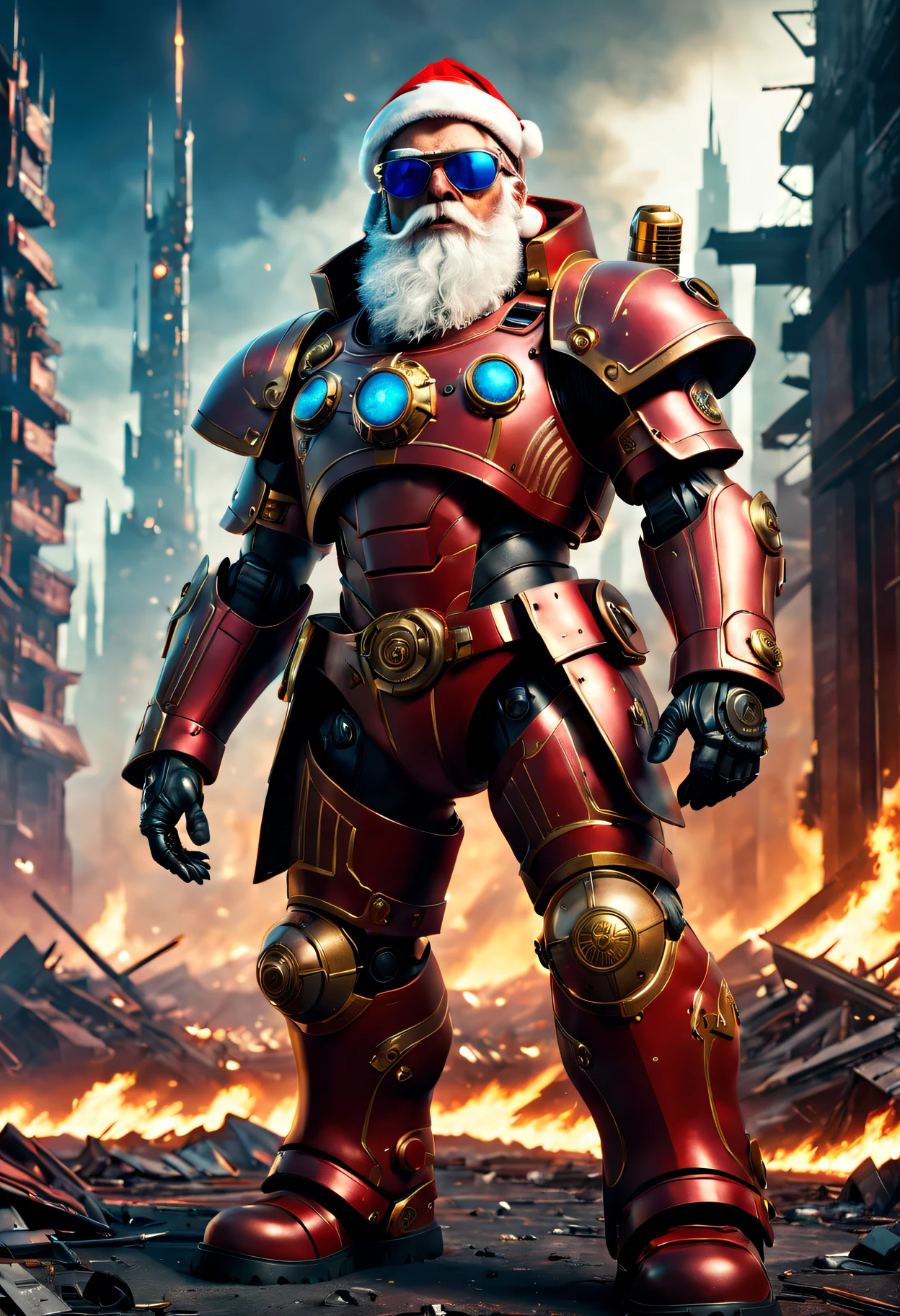 Warhammer 40K Cosmic Cybernetic Santa Claus,Red gold armor mechanical suit,shiny blue sunglasseierce war environment,Destroyed buildings and flames,The background is a futuristic cityscape,Radar integrated into Santa hat,severe and threatening atmosphere,Sci-fi cyberpunk aesthetics,High contrast and desaturated tones,Dramatic and dynamic lighting effect quality,4K,A high resolution,tmasterpiece:1.2),ultra - detailed,(actual,photoactual,photo-actual:1.37)