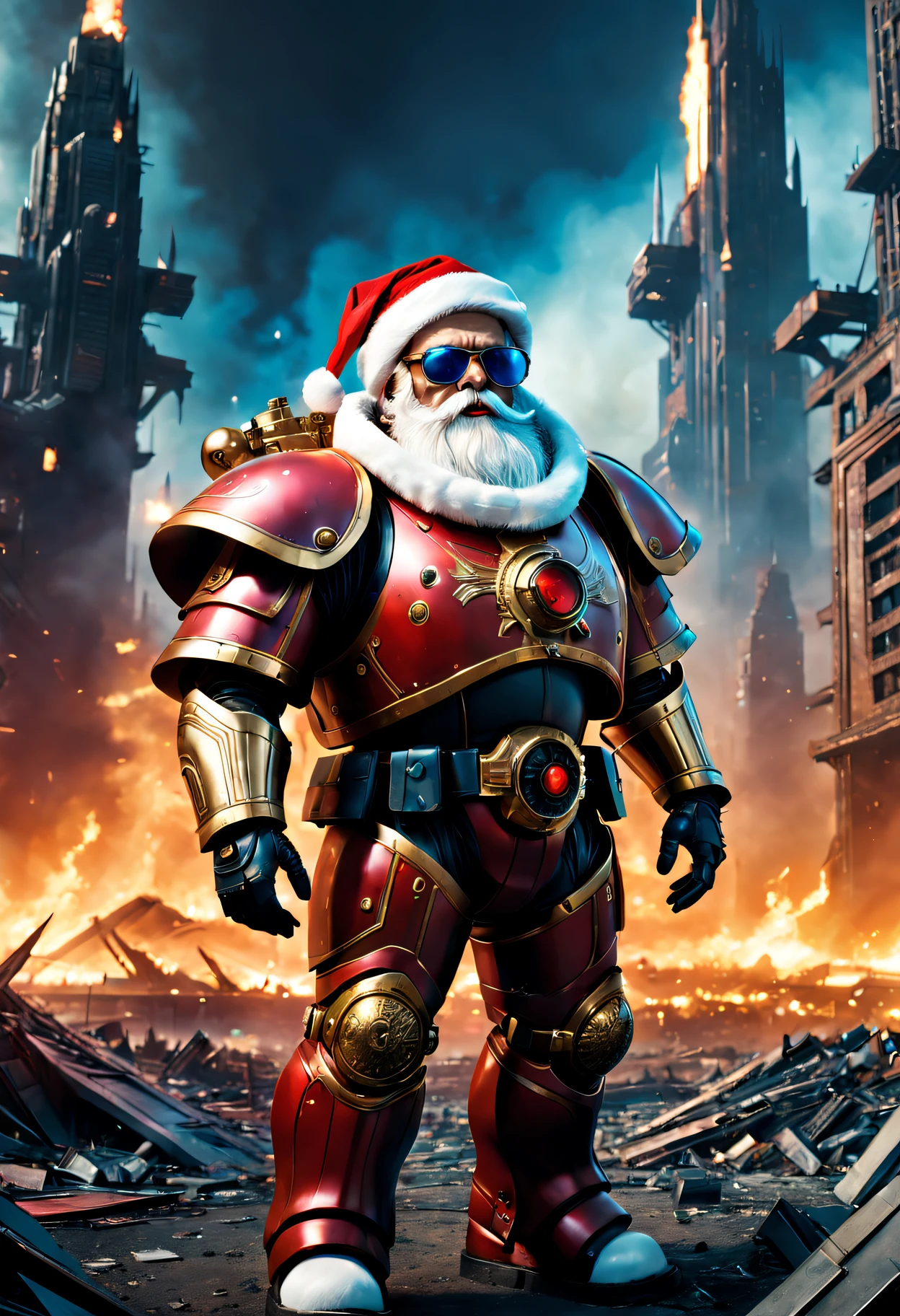Warhammer 40K Cosmic Cybernetic Santa Claus，Red gold armor mechanical suit，shiny blue sunglasseierce war environment，Destroyed buildings and flames，The background is a futuristic cityscape，Radar integrated into Santa hat，severe and threatening atmosphere，Sci-fi cyberpunk aesthetics，High contrast and desaturated tones，Dramatic and dynamic lighting effect quality,4K,A high resolution,tmasterpiece:1.2),ultra - detailed,(actual,photoactual,photo-actual:1.37)