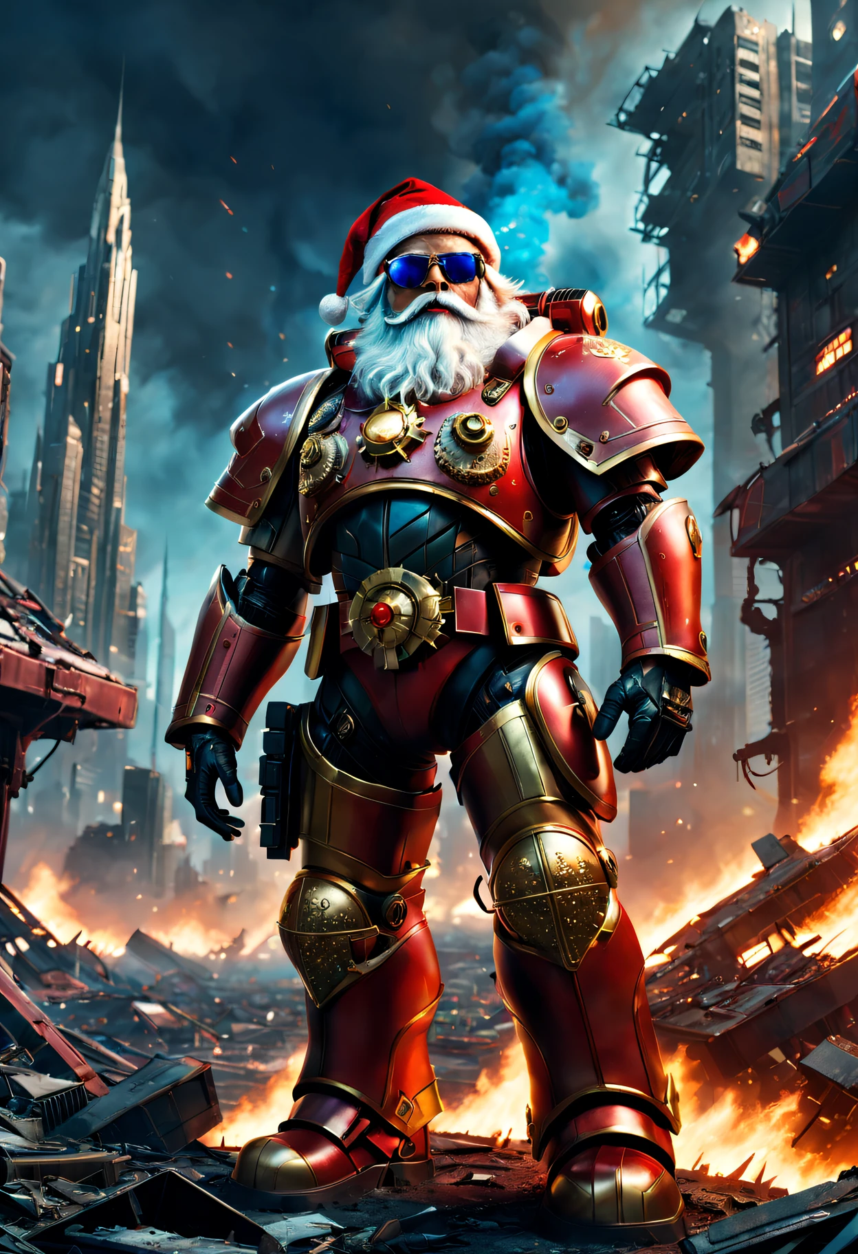 Warhammer 40K Cosmic Cybernetic Santa Claus,Red gold armor mechanical suit,shiny blue sunglasseierce war environment,Destroyed buildings and flames,The background is a futuristic cityscape,Radar integrated into Santa hat,severe and threatening atmosphere,Sci-fi cyberpunk aesthetics,High contrast and desaturated tones,Dramatic and dynamic lighting effect quality,4K,A high resolution,tmasterpiece:1.2),ultra - detailed,(actual,photoactual,photo-actual:1.37)