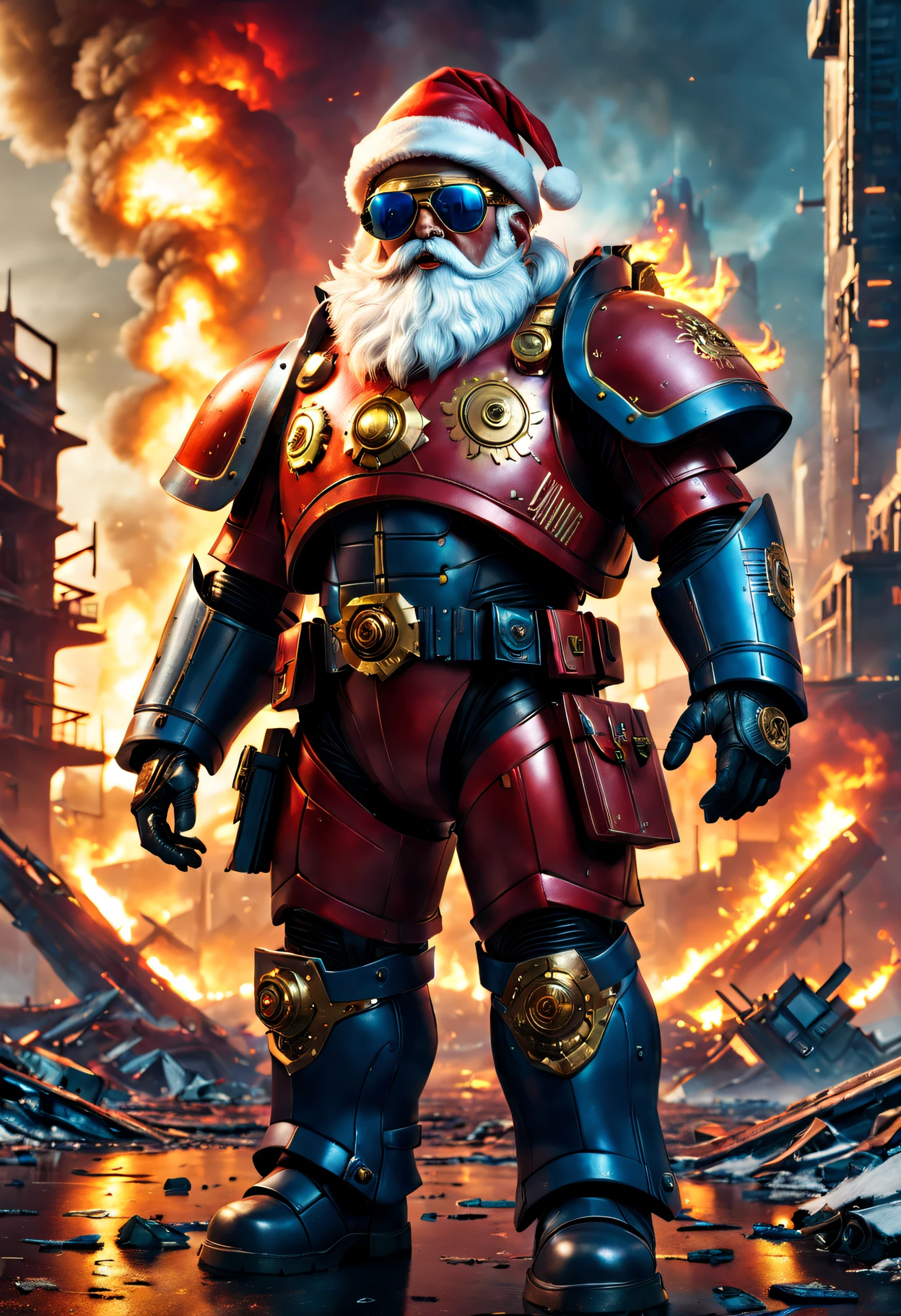 Warhammer 40K Cosmic Cybernetic Santa Claus，Red gold armor mechanical suit，shiny blue sunglasseierce war environment，Destroyed buildings and flames，The background is a futuristic cityscape，Radar integrated into Santa hat，severe and threatening atmosphere，Sci-fi cyberpunk aesthetics，High contrast and desaturated tones，Dramatic and dynamic lighting effect quality,4K,A high resolution,tmasterpiece:1.2),ultra - detailed,(actual,photoactual,photo-actual:1.37)