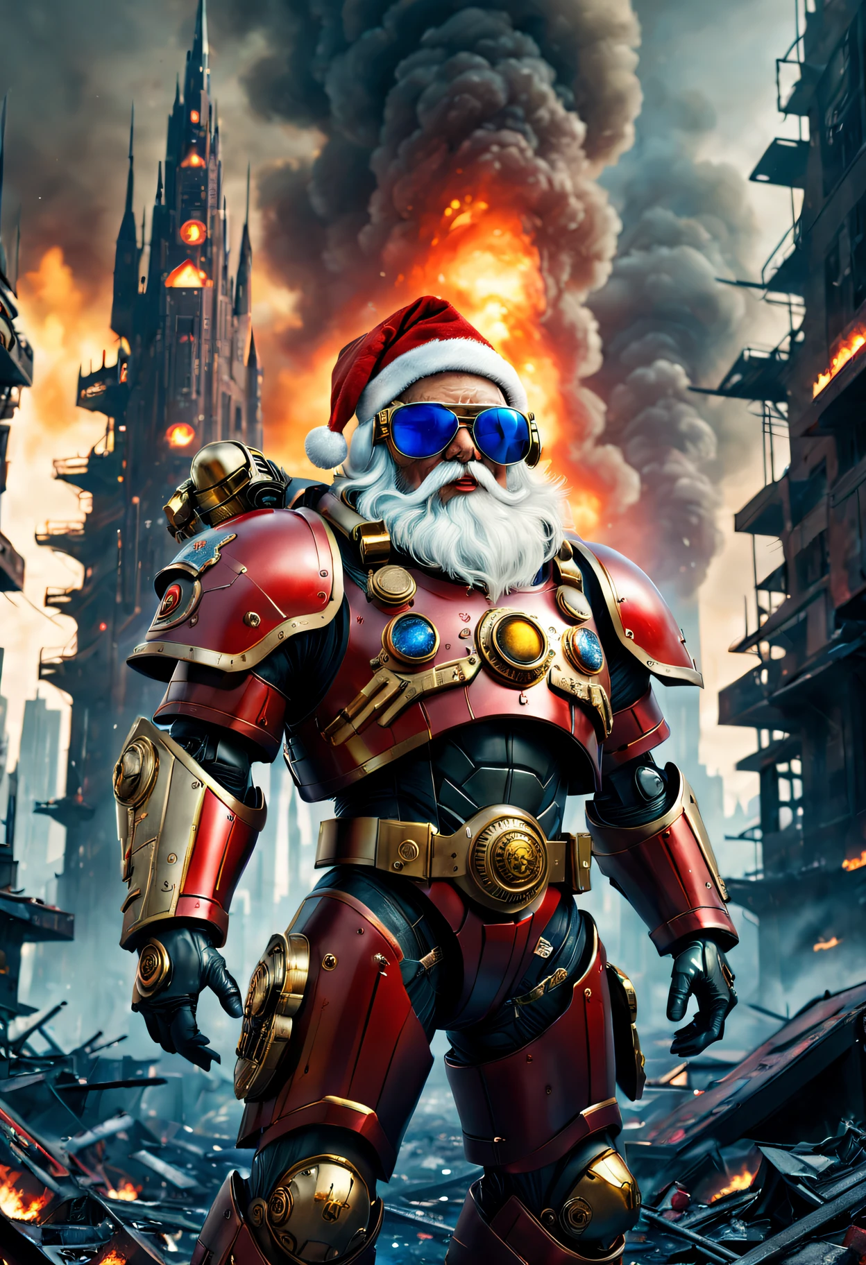 Warhammer 40K Cosmic Cybernetic Santa Claus，Red gold armor mechanical suit，shiny blue sunglasseierce war environment，Destroyed buildings and flames，The background is a futuristic cityscape，Radar integrated into Santa hat，severe and threatening atmosphere，Sci-fi cyberpunk aesthetics，High contrast and desaturated tones，Dramatic and dynamic lighting effect quality,4K,A high resolution,tmasterpiece:1.2),ultra - detailed,(actual,photoactual,photo-actual:1.37)