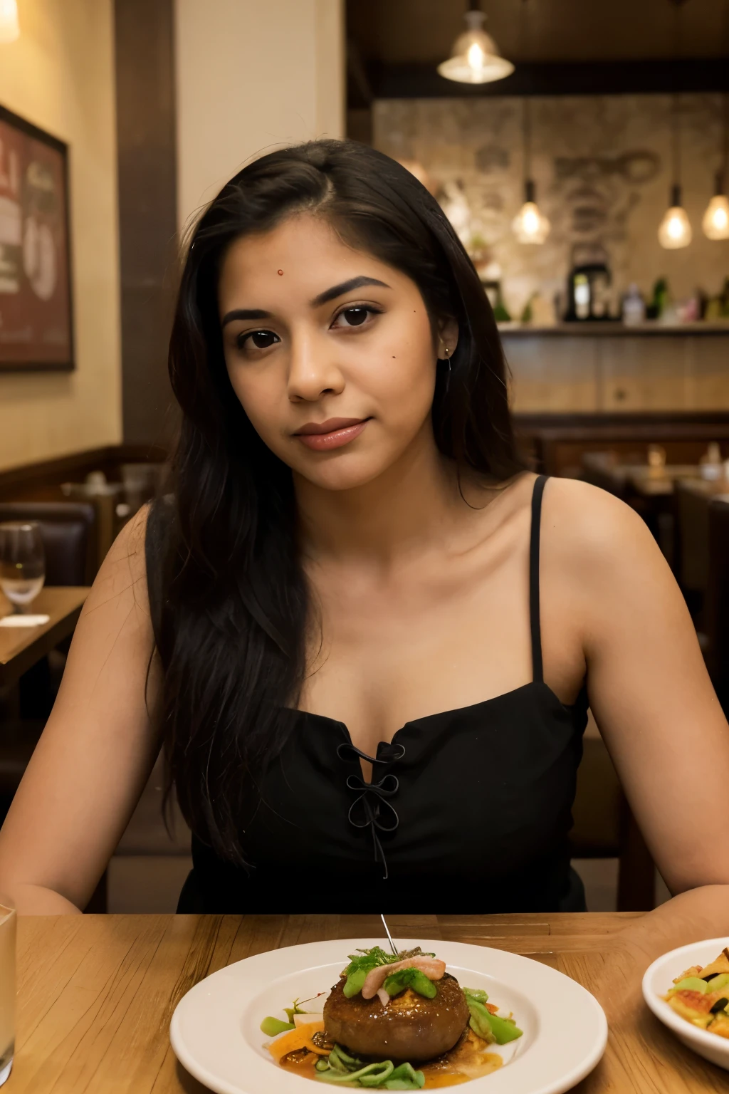 mujer hermosa sentada en un restaurante, latina