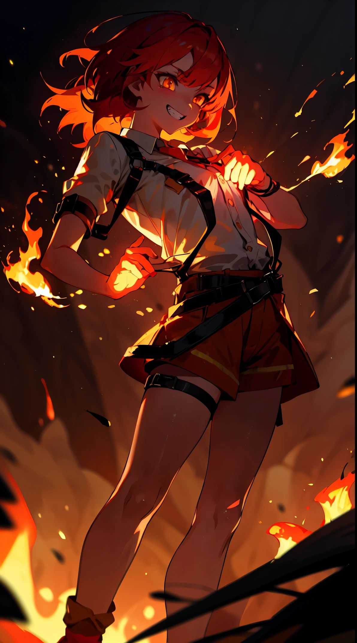 ((masterpiece)), best quality, 8k, high quality, high resolution, super detailed, ultra detailed, photorealistic, fiery and finely detailed face and eyes, ultra detailed and detailed skin texture, fiery eyes, perfect face, 1 girl, blazing red short hair, (fiery attire), flaming yellow eyes, white shirt, collared shirt, (chest harness, shoulder strap:1.15) , (infernal aura), standing before a roaring bonfire, passionate expression, ((burning grin)), twilight, fiery landscape, crackling flames, intense atmosphere, (crackling embers), (dancing flames), since primordial times, Ignia, fiery eyes, background of blazing inferno.