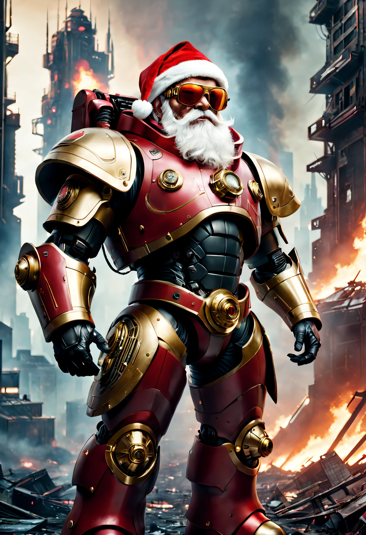Warhammer 40K Cosmic Cybernetic Santa Claus，Red gold armor mechanical suit，shiny red sunglasseierce war environment，Destroyed buildings and flames，The background is a futuristic cityscape，Radar integrated into Santa hat，severe and threatening atmosphere，Sci-fi cyberpunk aesthetics，High contrast and desaturated tones，Dramatic and dynamic lighting effect quality,4K,A high resolution,tmasterpiece:1.2),ultra - detailed,(actual,photoactual,photo-actual:1.37)