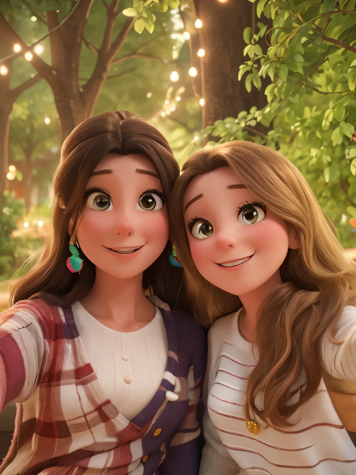 Woman and woman taking selfie, happy couple, making silly faces, color picture, interesting angle, twinkling lights