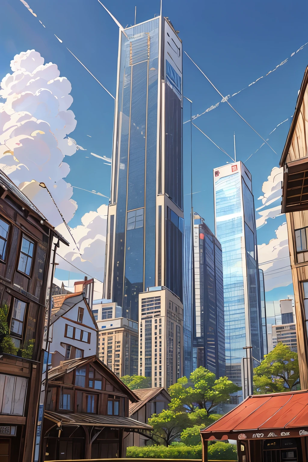 modern skyscraper towering over an old abandoned medieval city, Sheds and taverns, Nuvens de tempestade, scenery and a Hello Kitty store