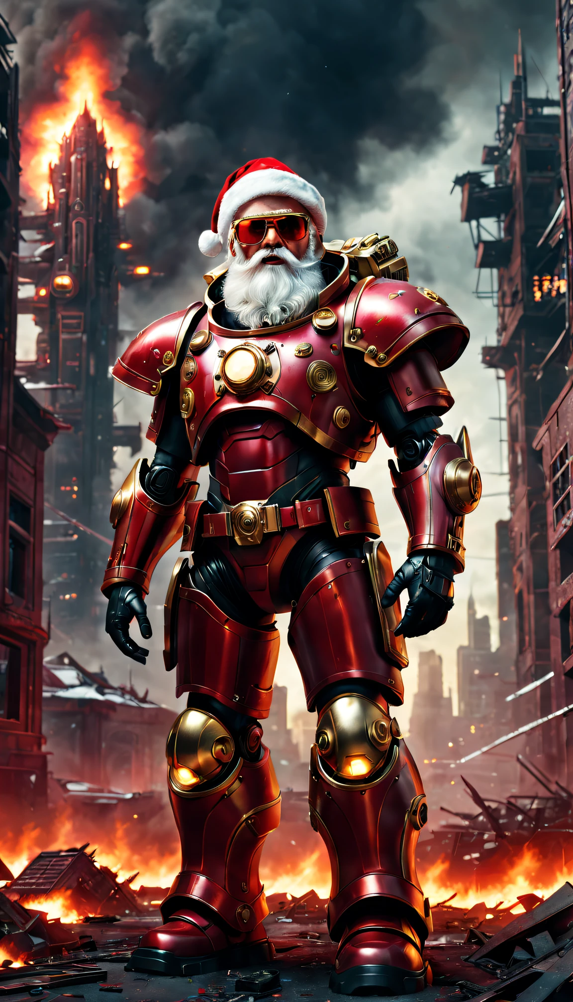 Warhammer 40K Cosmic Cybernetic Santa Claus，Red gold armor mechanical suit，shiny red sunglasseierce war environment，Destroyed buildings and flames，The background is a futuristic cityscape，Radar integrated into Santa hat，severe and threatening atmosphere，Sci-fi cyberpunk aesthetics，High contrast and desaturated tones，Dramatic and dynamic lighting effect quality,4K,A high resolution,tmasterpiece:1.2),ultra - detailed,(actual,photoactual,photo-actual:1.37)