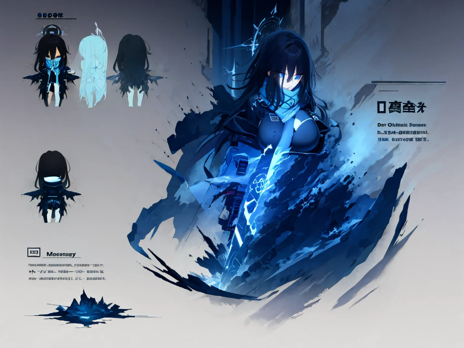 Girl, Large breast, whispy scarf, full body concept, holding a single handed mini gun, shattered dark halo, long pitch dark hair, clothed in a dark ethereal jacket and t-shirt, dark fog surrounds her, cute character, dark ethereal eyes, and dark matter rift as an partner, shy expression