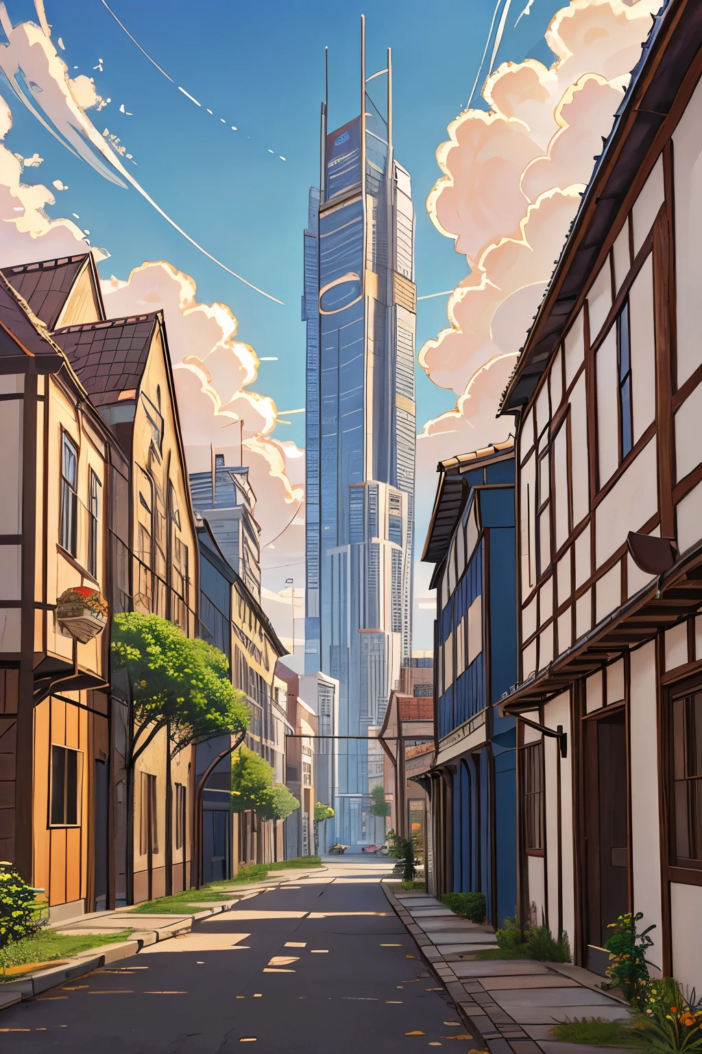 modern skyscraper towering over an old abandoned medieval city, Sheds and taverns, Nuvens de tempestade, scenery and a Hello Kitty store