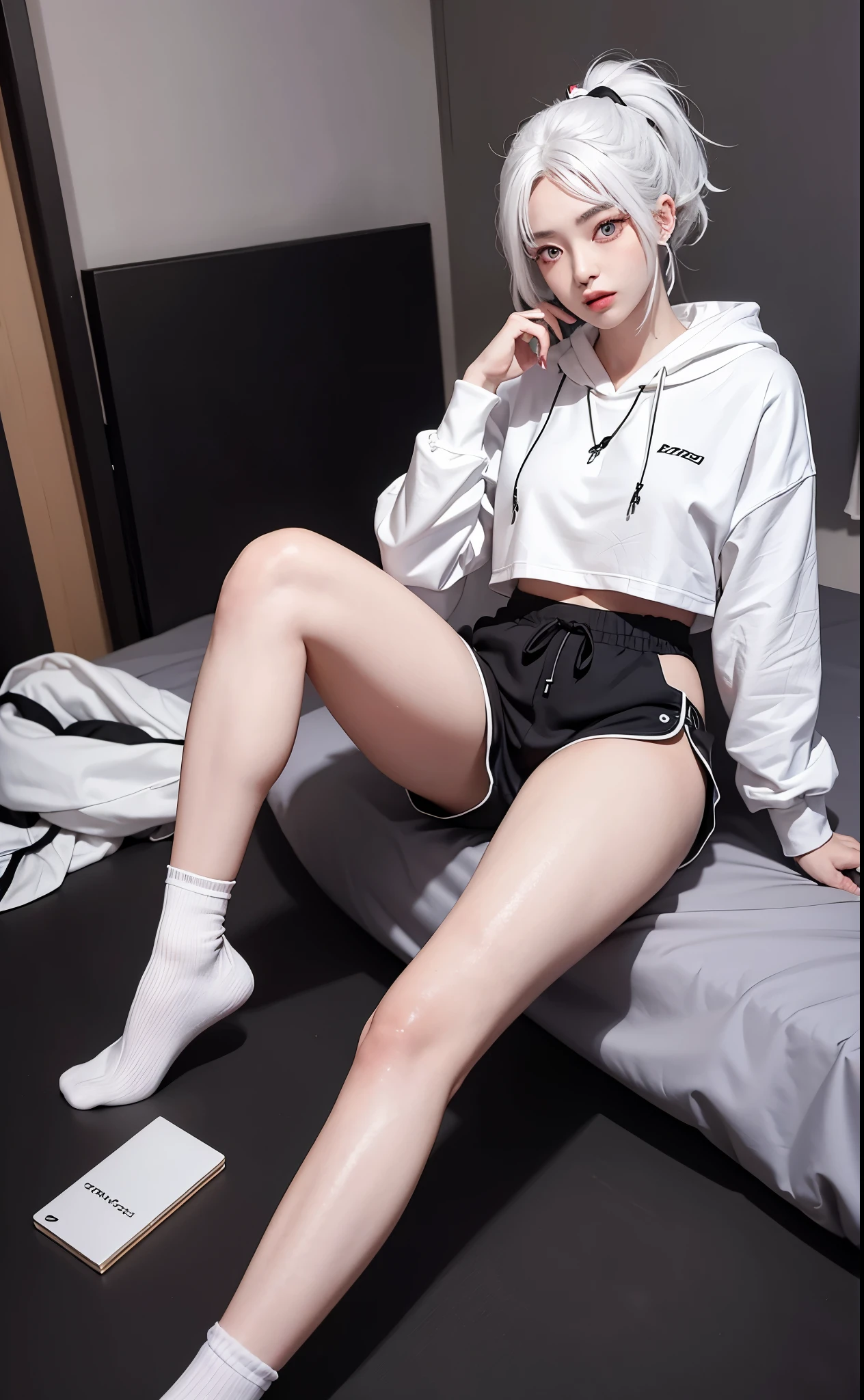 （tmasterpiece，realistically，A high resolution），（（1 sister）：1.2），korean people，（（White hair rings）：1.3），（heterochromatic eyes：1.1，Thick brow white hoodie，Black sports shorts），（（middling）：1.2，Small waist，upper legs），sit on a bed