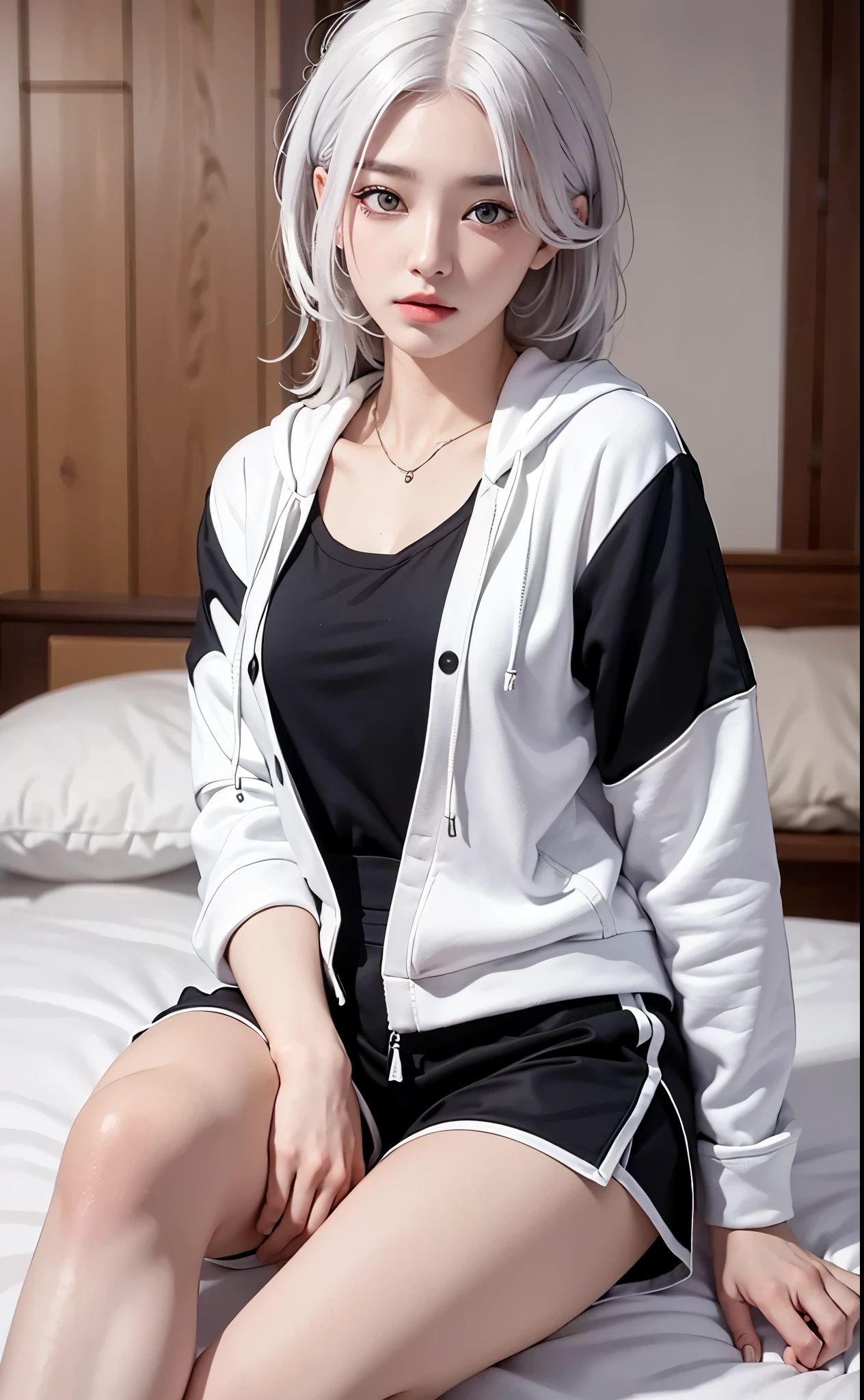 （tmasterpiece，realistically，A high resolution），（（1 sister）：1.2），korean people，（（White hair rings）：1.3），（heterochromatic eyes：1.1，Thick brow white hoodie，Black sports shorts），（（middling）：1.2，Small waist，upper legs），sit on a bed