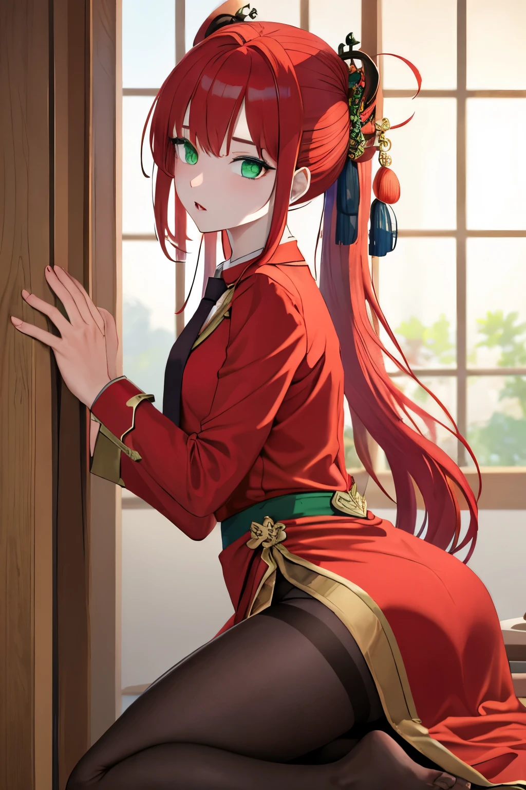 masterpiece, best quality, ultra-high-detailed, 1boy, 1boy, penetration, from behind, red hair, green eyes, half up half down hairstyle, Chinese male gown, red necktie,