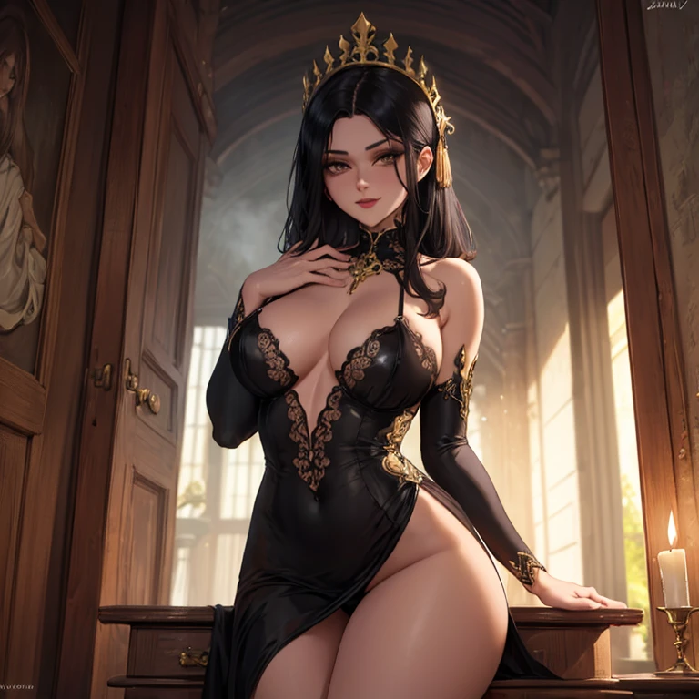 (best quality,highres:1.2),ultra-detailed,realistic,dim light,succubus,tavern,black hair,silver eyes,female,sensual pose,golden ornaments,dark atmosphere,smoky haze,enticing smile,intense gaze,velvet dress,glimmering candles,ancient wooden furniture,reflections on glassware,mysterious aura,lush red lips,intimate setting,alluring presence,evening shadows,stunning beauty,seductive charm,tempting allure,innocence and seduction blend,soft flickering lights,sensual atmosphere,powerful aura,desire in the air,secretive corners,lustful atmosphere,ensnaring magic,spellbinding ambiance,glimpses of the unknown