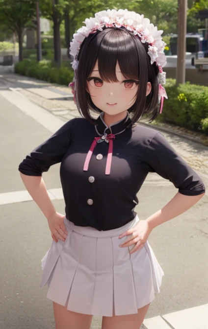 1 Young girls, 独奏, White polo shirt, White sneakers,
, white mini-skirt, tmasterpiece, Best quality at best, realistically, ultra - detailed, (shiny skins, perspired:1.4), Huang Li, looking at viewert, with short black hair, with brown eye,slenderness,Dynamic light and shadow,A high resolution,Focus sharp,depth of fields,The eyes are delicate,Sharp pupils,student reality,(Bigchest:1.6),(upper legs粗:1.0),luring,sky sky,ultra - detailed,tmasterpiece,Best quality at best,love letter,blush blush,Yazawa Nico,red eyes, On the cheongsam,face flushed,Blunt hair,On the ground, upper legs,chubbiness,ssmile,both hands on hip,Frontal viereet,Flower headdress,mature