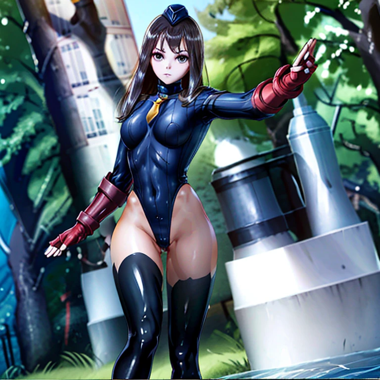 ultra-detailed, Explicit, Beautiful body, Beautiful Nose, Beautiful character design, perfect eyes, perfect face, ultra highres, 4K, beautiful legs, perfect legs, Nice hands, Perfect hand, Masterpiece, Best Quality, Highly detailed, illustration, absurdres, street fighter, doll suit, shadaloo doll, dollsuit, girls, multiple girls, expressionless, blank eyes, looking at viewer, red gloves, emotionless, black latex, corrution, mind control, female combatant, full body, hypnotized, unhappy trance, full body suit, ribbed bodysuit, both arms at side, obey, perfect female body, extremely glossy latex, hypnosis, hypnoLora, empty eyes, Mind control device, poses, submissive_pose, Slave, hat, necktie, stand up straight, standing, standing at attention, hat, necktie, belt, latex, ribbed bodysuit, thighhighs, garter belt, Fighting Stance, thigh boots, blue reflection, kasuga shiho, long hair, black hair