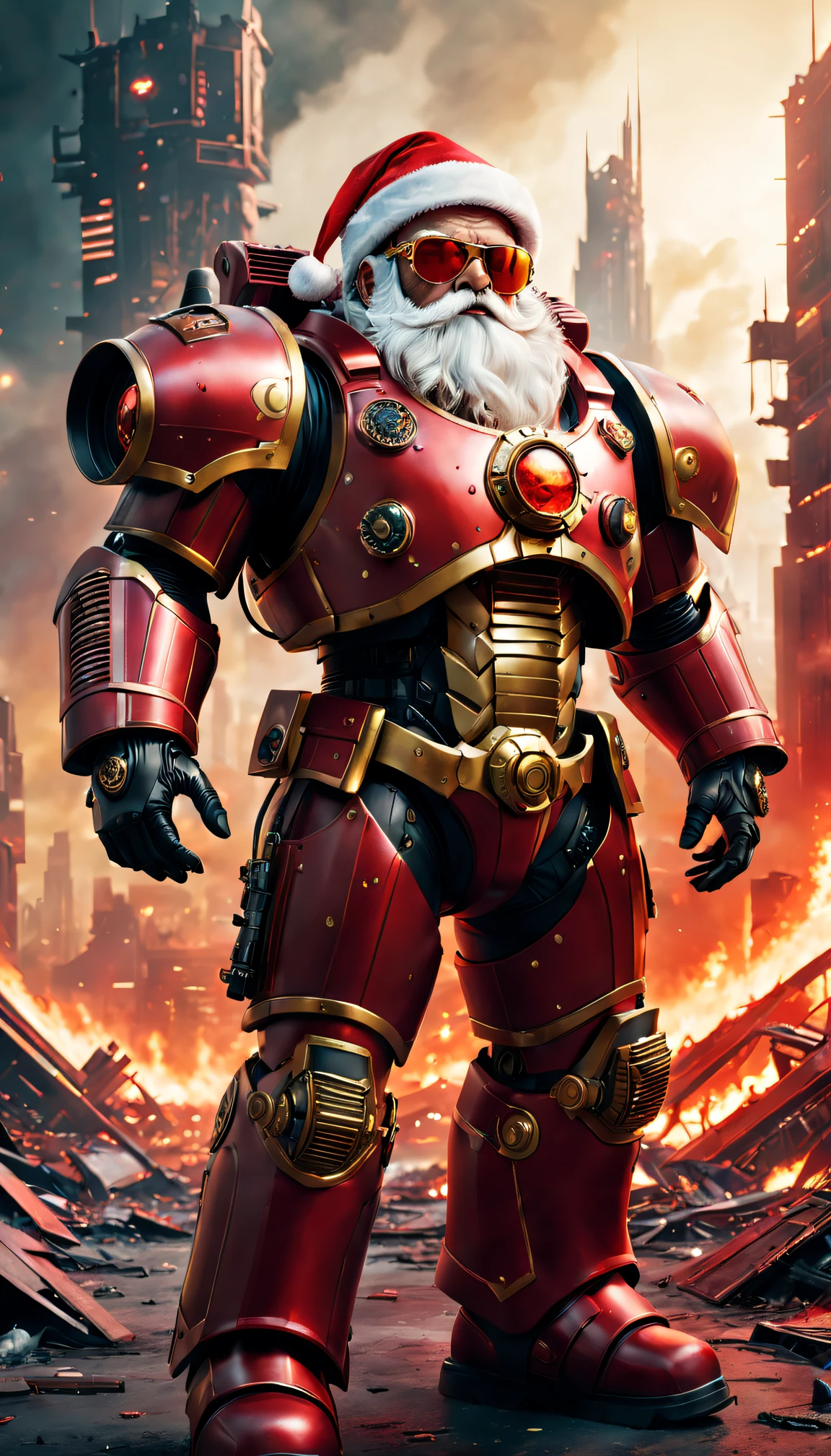 Warhammer 40K Cosmic Cybernetic Santa Claus,Red gold armor mechanical suit,shiny red sunglasseierce war environment,Destroyed buildings and flames,The background is a futuristic cityscape,Radar integrated into Santa hat,severe and threatening atmosphere,Sci-fi cyberpunk aesthetics,High contrast and desaturated tones,Dramatic and dynamic lighting effect quality,4K,A high resolution,tmasterpiece:1.2),ultra - detailed,(actual,photoactual,photo-actual:1.37)