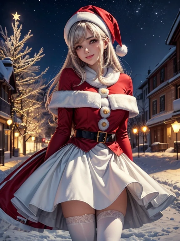 qualidade superior、membros completos、dedos completos、Beleza esbelta、Mulheres com cabelo liso、((Mulheres com cabelos loiros))、Women with medium hair、(mulher bonita e agitada:1.3)、Fantasia de Papai Noel、(collant vermelho de papai noel)、red santa claus hat、capa vermelha de papai noel、white pantyhose、 Street trees at night、Christmas tree、Luzes de Natal、Winter scenario、Um grande sorriso