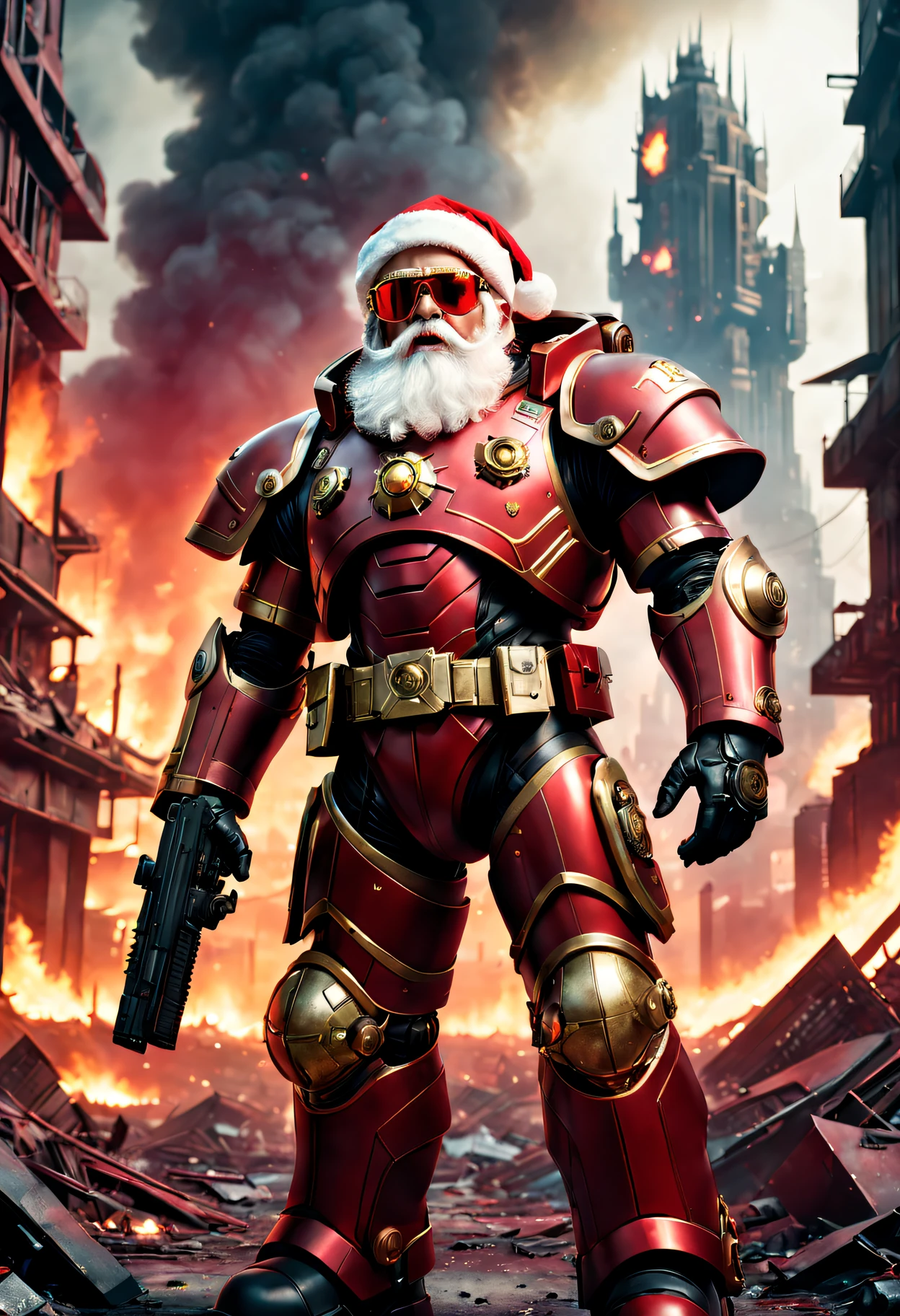Warhammer 40K universe,santa,Red gold armor mechanical suit,shiny red sunglasseierce war environment,Destroyed buildings and flames,The background is a futuristic cityscape,santa帽子,severe and threatening atmosphere,Sci-fi cyberpunk aesthetics,High contrast and desaturated tones,Dramatic and dynamic lighting effect quality,4K,A high resolution,tmasterpiece:1.2),ultra - detailed,(actual,photoactual,photo-actual:1.37)