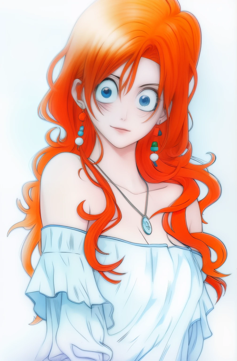 Menina anime com cabelo vermelho e olhos azuis em um vestido branco, beautiful portrait of Nos, Nos from one piece, Nos one piece, Nos, ela tem cabelos longos e redorange, Marin Kitagawa Fanart, from one piece, high quality colorful sketch, colored manga art, lineart colorido, Ela tem longos cabelos castanhos alaranjados, coloured manga scan, colorful sketch