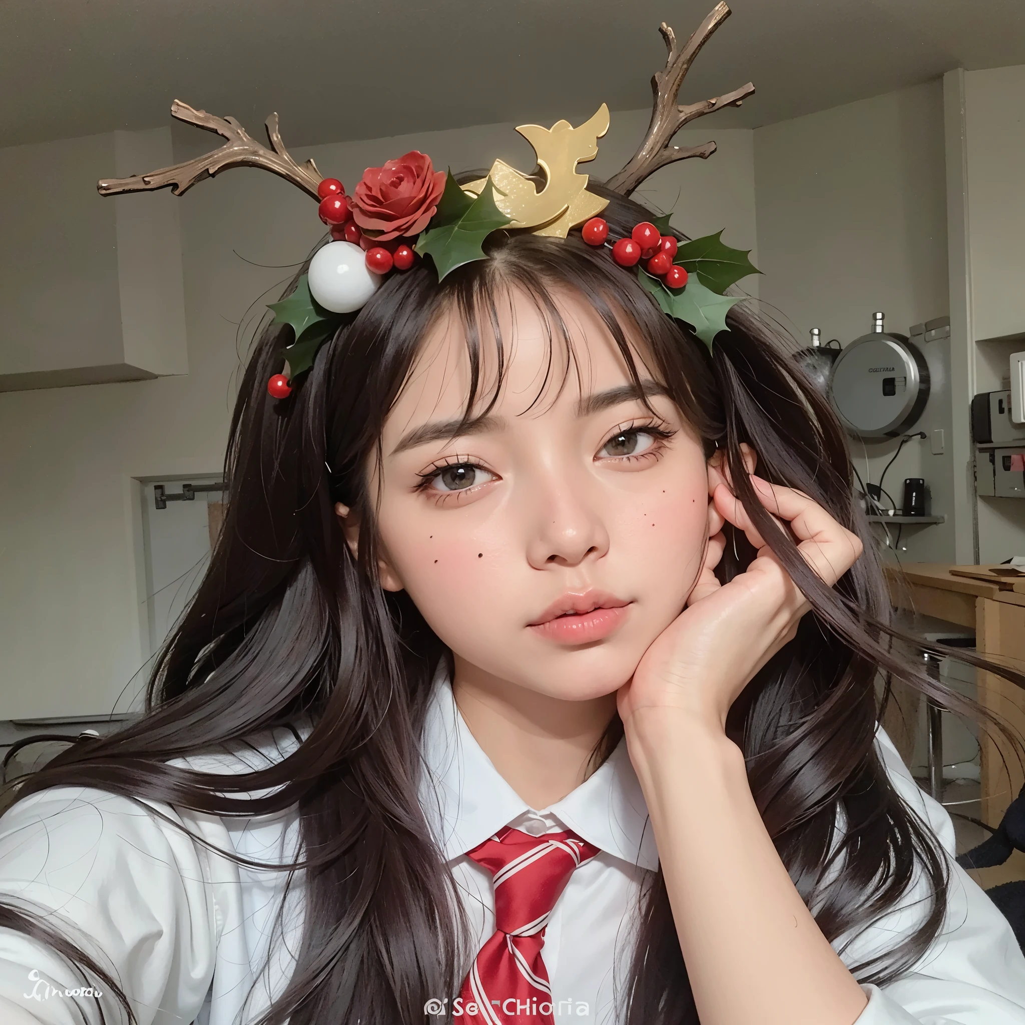 Arafed woman with a Christmas headband and a red tie., Retrato realista kawaii, ulzzang, Orejas de ciervo, Lindo natural anime face, astas cortas, Sakimichan, usando una corona hecha de astas, astas en su cabeza, Mujer joven con astas, 🍁 Lindo, Chica con orejas de zorro, astas finas, Lindo kawaii girl, 🤤 girl portrait
