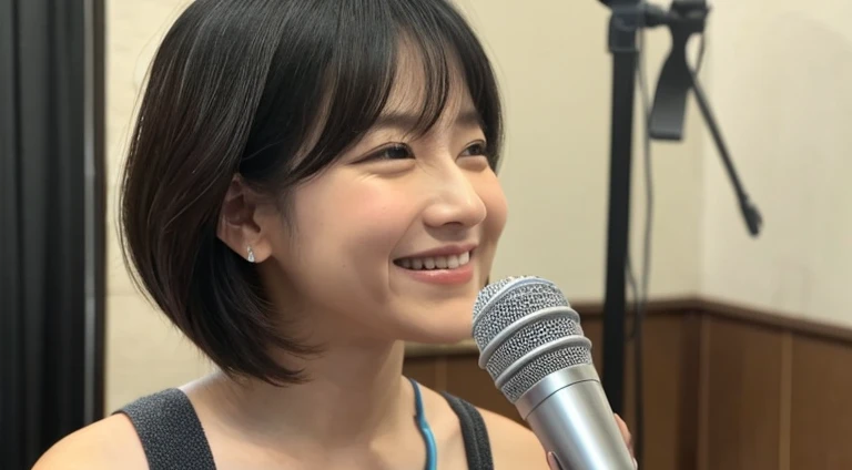 masterpiece、逼真、A detailed eye、Detailed eyes、cute little、looking at viewert、inside in room、audition、film grains、Wrinkled skin、age19、femele、独奏、Shorthair with black hair、Bob Hair、hitornfreckles、A smile、s lips、audition会場、microphone、microphoneの前に立つ、The upper part of the body、Having a book