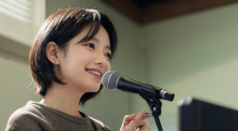 ​masterpiece、逼真、A detailed eye、Detailed eyes、cute little、looking at viewert、inside in room、audition、film grains、Wrinkled skin、age19、femele、独奏、Shorthair with black hair、Bob Hair、hitornfreckles、A smile、s lips、audition会場、microphone、microphoneの前に立つ、The upper part of the body、Having a book
