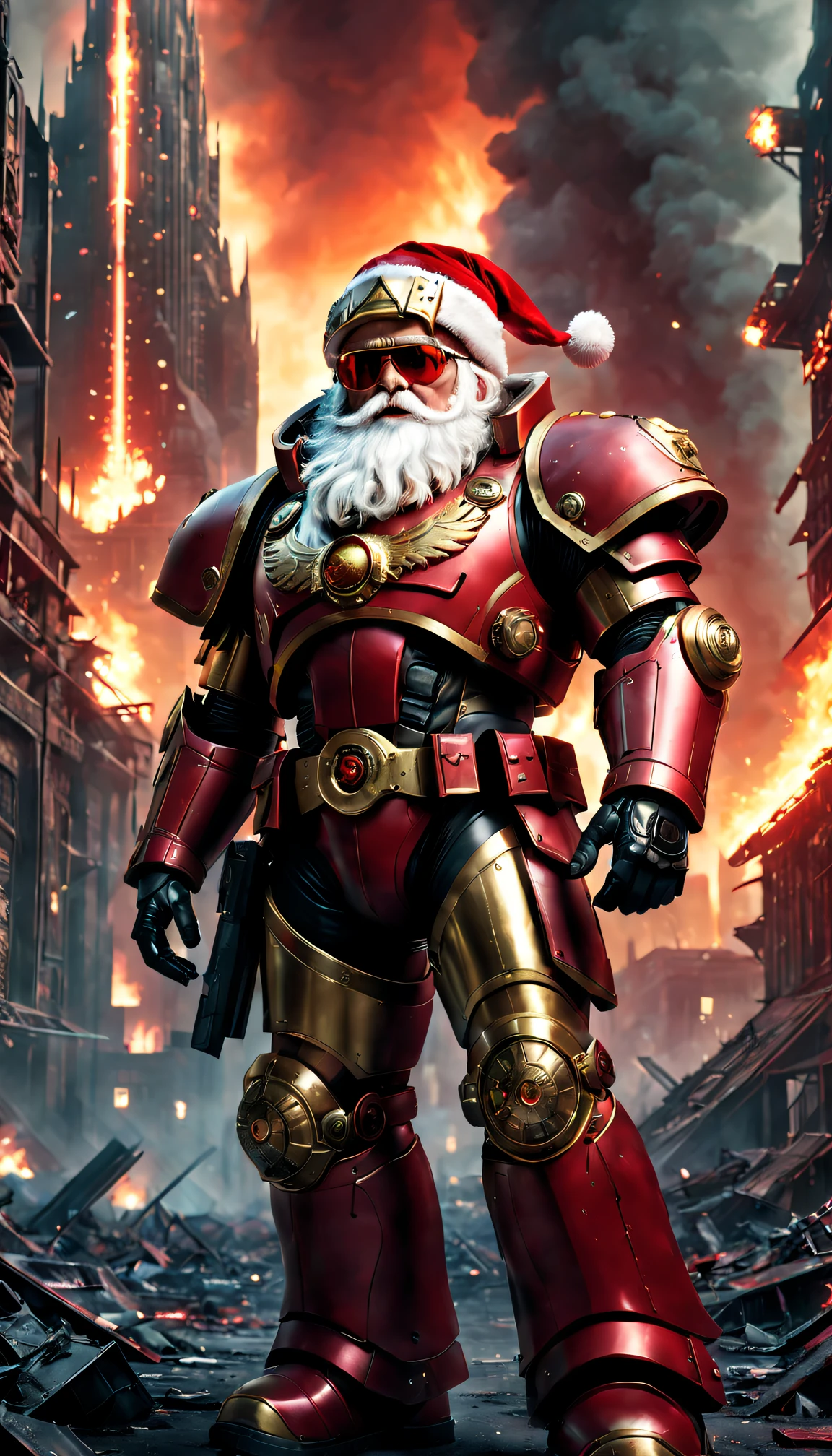 Warhammer 40K universe，santa，Red gold armor mechanical suit，shiny red sunglasseierce war environment，Destroyed buildings and flames，The background is a futuristic cityscape，santa帽子，severe and threatening atmosphere，Sci-fi cyberpunk aesthetics，High contrast and desaturated tones，Dramatic and dynamic lighting effect quality,4K,A high resolution,tmasterpiece:1.2),ultra - detailed,(actual,photoactual,photo-actual:1.37)