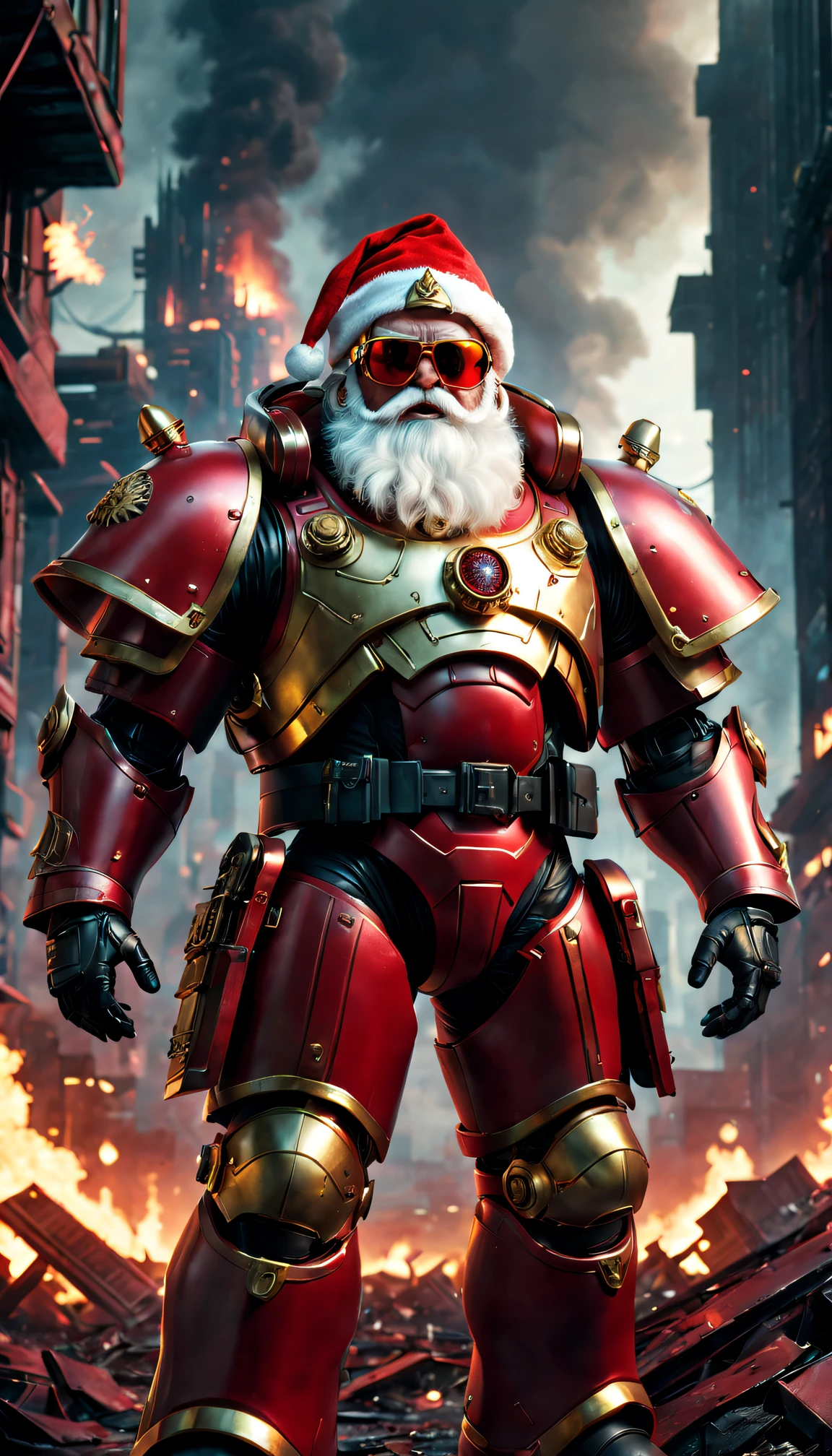 Warhammer 40K universe,santa,Red gold armor mechanical suit,shiny red sunglasseierce war environment,Destroyed buildings and flames,The background is a futuristic cityscape,santa帽子,severe and threatening atmosphere,Sci-fi cyberpunk aesthetics,High contrast and desaturated tones,Dramatic and dynamic lighting effect quality,4K,A high resolution,tmasterpiece:1.2),ultra - detailed,(actual,photoactual,photo-actual:1.37)