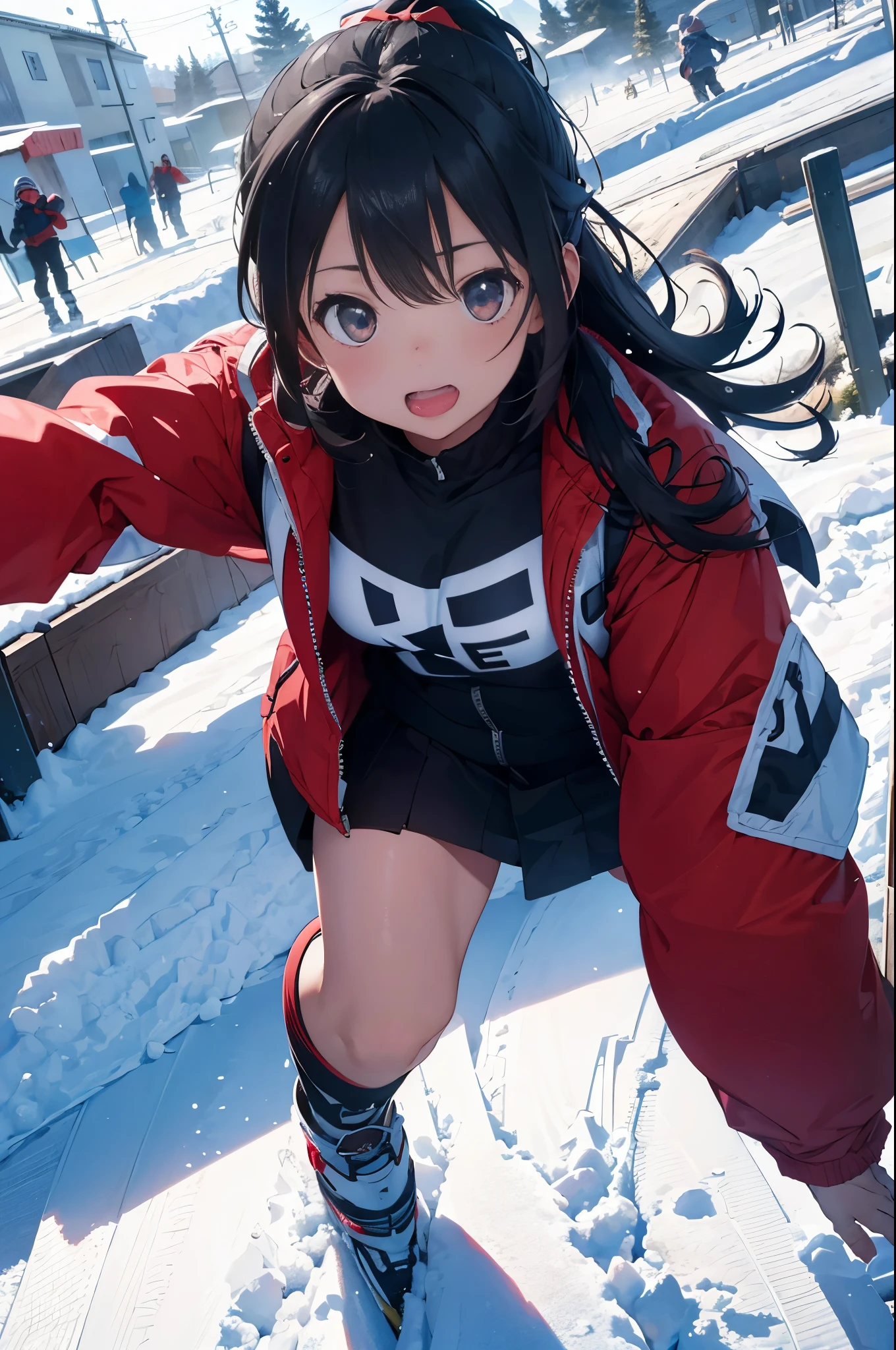 1 girl,(skiing, sled, snow explosion),Raw edge red down jacket, action shot, Brightly colored clothing,rays of sunshine, wide angles,Perfect action,perfect angle, (end:1.3) 8K, F2.8, RAW photos, ultra - detailed, reallife,bokeh,32K,