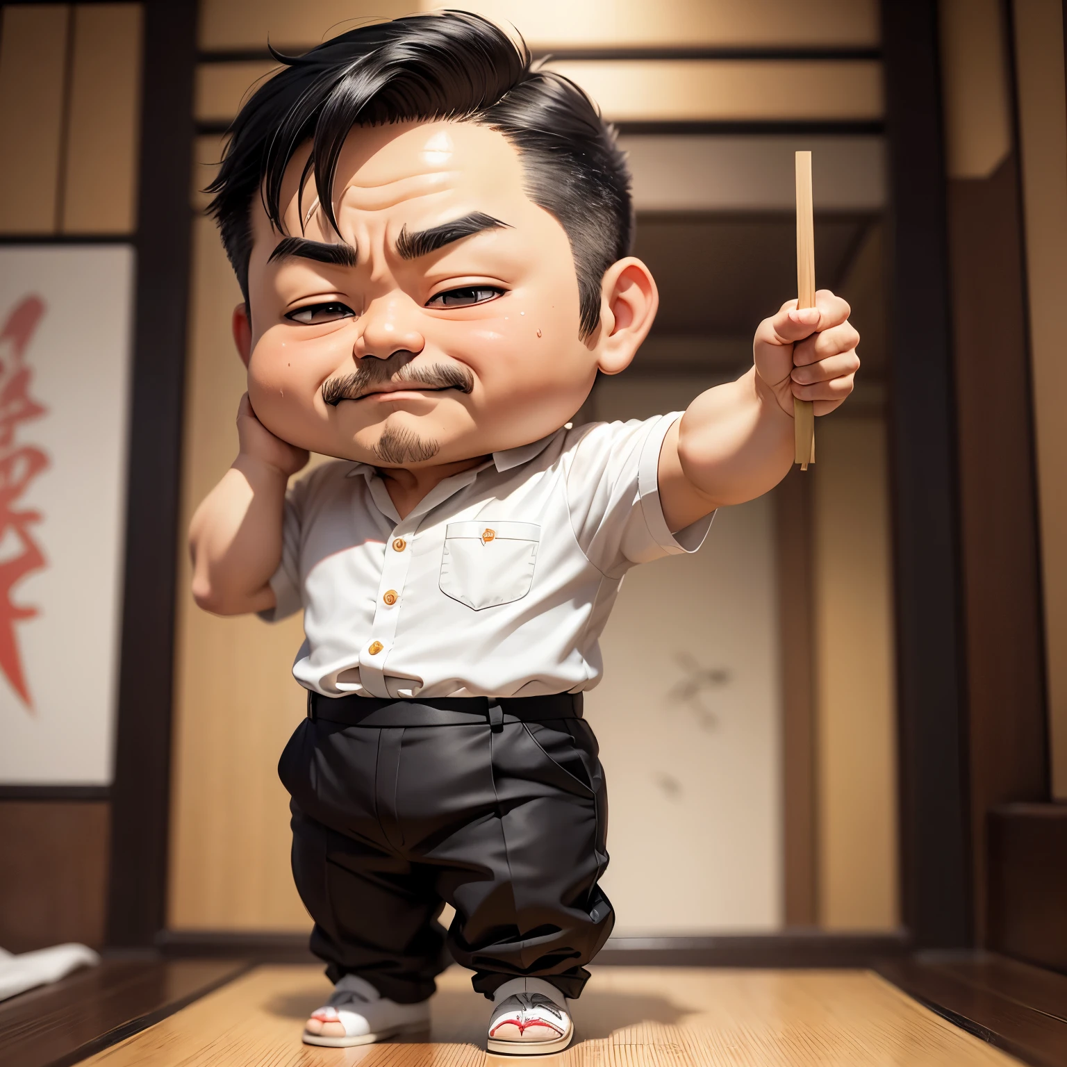 ​masterpiece、top-quality、ultra-detailliert、(Chibi character Japanese middle-aged man:1.2),short-haired,white-collar shirt is exposed,Tangled slacks,Protruding belly,wipe sweat with a handkerchief,Yakitori restaurant,Full-body standing figure