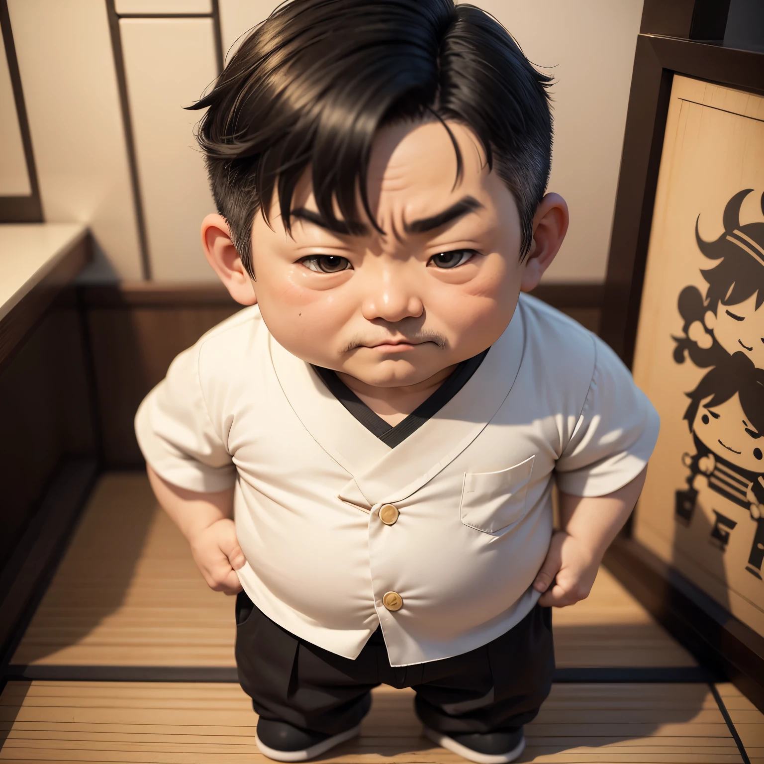 ​masterpiece、top-quality、ultra-detailliert、(Chibi character Japanese middle-aged man:1.2),short-haired,white-collar shirt is exposed,Tangled slacks,Protruding belly,wipe sweat with a handkerchief,Yakitori restaurant,Full-body standing figure