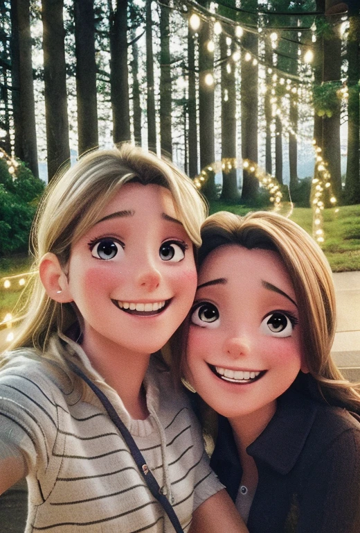 Happy couple, smiling selfie, twinkling lights, laughing, woman and woman