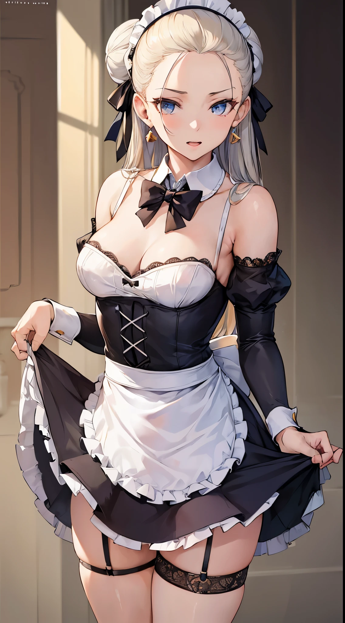 Art by Cornflower, Dreamy, (1girl in,(Supreme splendid and pretty face),pale skin, delicate decorte,Small breasts, (masutepiece, Best Quality),hight resolution,absurdly,Perfect Anatomy,Perfect Lighting, Background, (Straight hair,hair slicked back,No bangs, Bun),(Real skin texture,photoRealistic,Realistic:1.2),Cowboy Shot, great laughter, jaw dropping, Maid headdress,Collar,bowtie,earrings, tight miniskirt, Lace_Trimmed_thighs thighs thighs thighs,garter strap, no apron, Skirt lift)