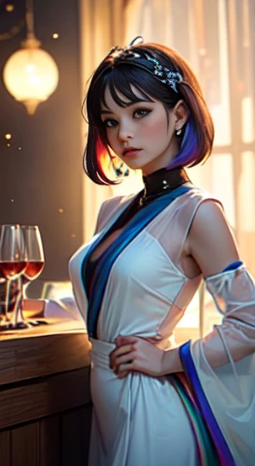 (piece of master), (alta qualidade), ((duas mulheres)), (pele perfeita), perfectly proportions, wearing translucent, flowing robes, finds itself in a paradisiacal bar immersed in soft lights.-( Clothes:Suas roupas devem ser feitas com luz (translucent), ((translucent fabric), roupas de ninfas, deusas ninfas.) , sexy, , (observe os mamilos), (Poses: sentados um em frente ao outro, sentado em uma mesa de bar, copos e garrafas de vinho fino, Wine), (Ambiente: festivo, Friends Reunion, calm and peaceful), (The lighting: luz espacial, luz colorida,), (prix: the background of the scene shows outer space, estrelas pontilhadas, apenas colunas , sem paredes.)(short hair), (rainbow hair) , (tipo, complicit look),(efeito tyndall),(etherial lighting)