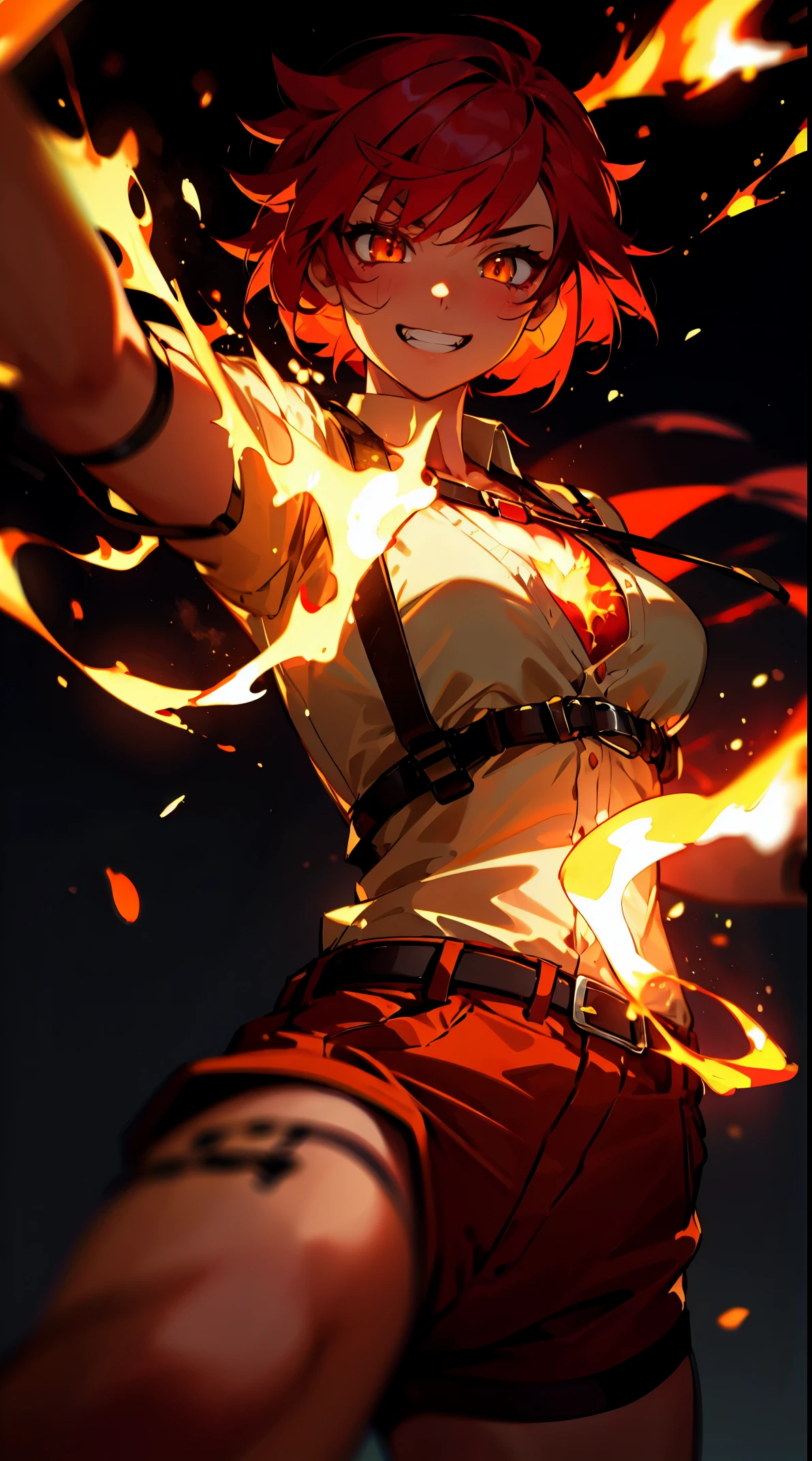 ((masterpiece)), best quality, 8k, high quality, high resolution, super detailed, ultra detailed, photorealistic, fiery and finely detailed face and eyes, ultra detailed and detailed skin texture, fiery eyes, perfect face, 1 girl, blazing red short hair, (fiery attire), flaming yellow eyes, athletic, muscular, white shirt, collared shirt, (chest harness, shoulder strap:1.15) , (infernal aura), standing before a roaring bonfire, passionate expression, ((burning grin)), twilight, fiery landscape, crackling flames, intense atmosphere, (crackling embers), (dancing flames), since primordial times, Ignia, fiery eyes, background of blazing inferno.