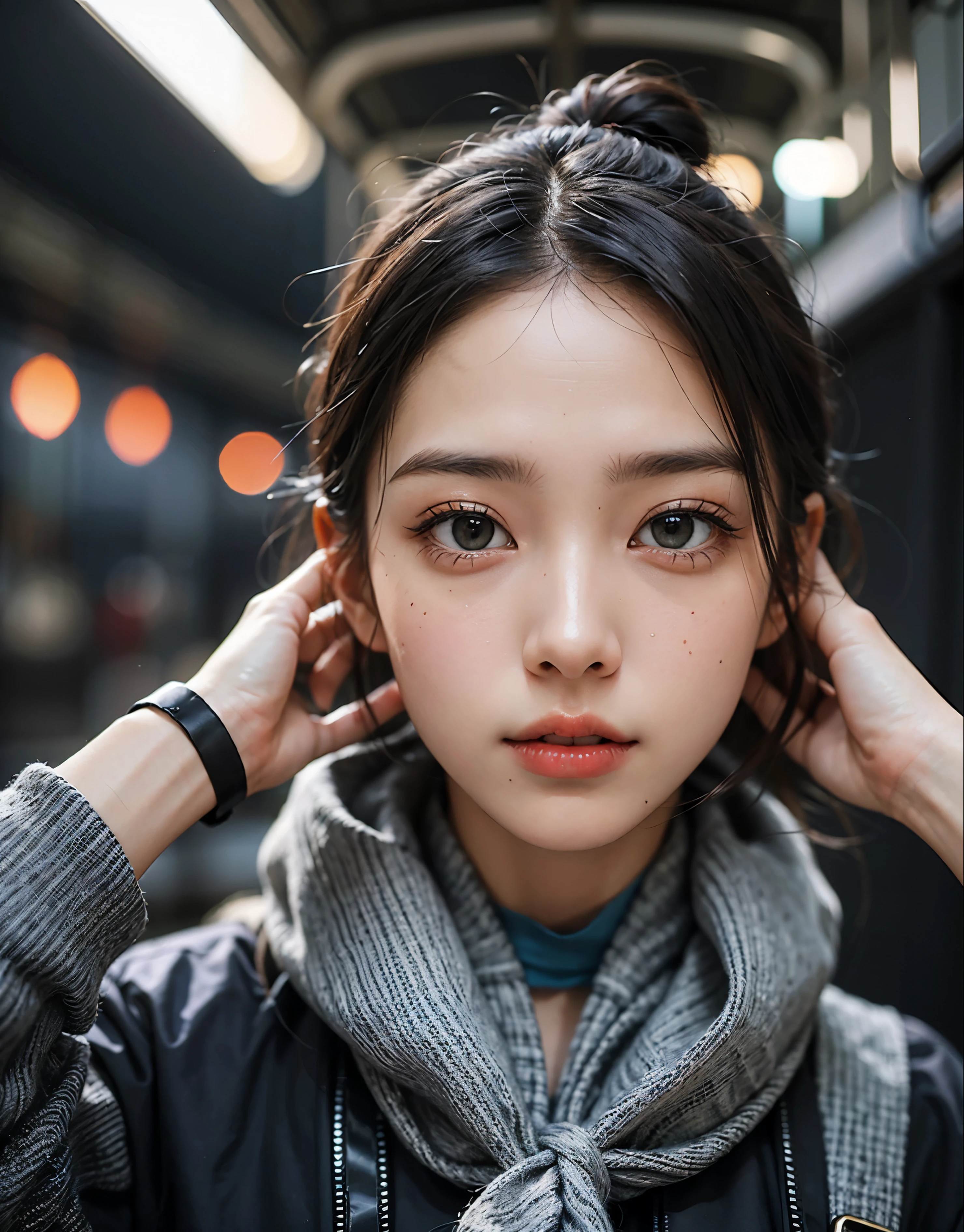 (((woman standing on the train platform)))、Train platform bound for the opposite side across the tracks、Beautiful eyes and face、An ultra-high picture quality、8K、Smart body、High Style、About 24 years old、Detailed eyes、Detailed skin、