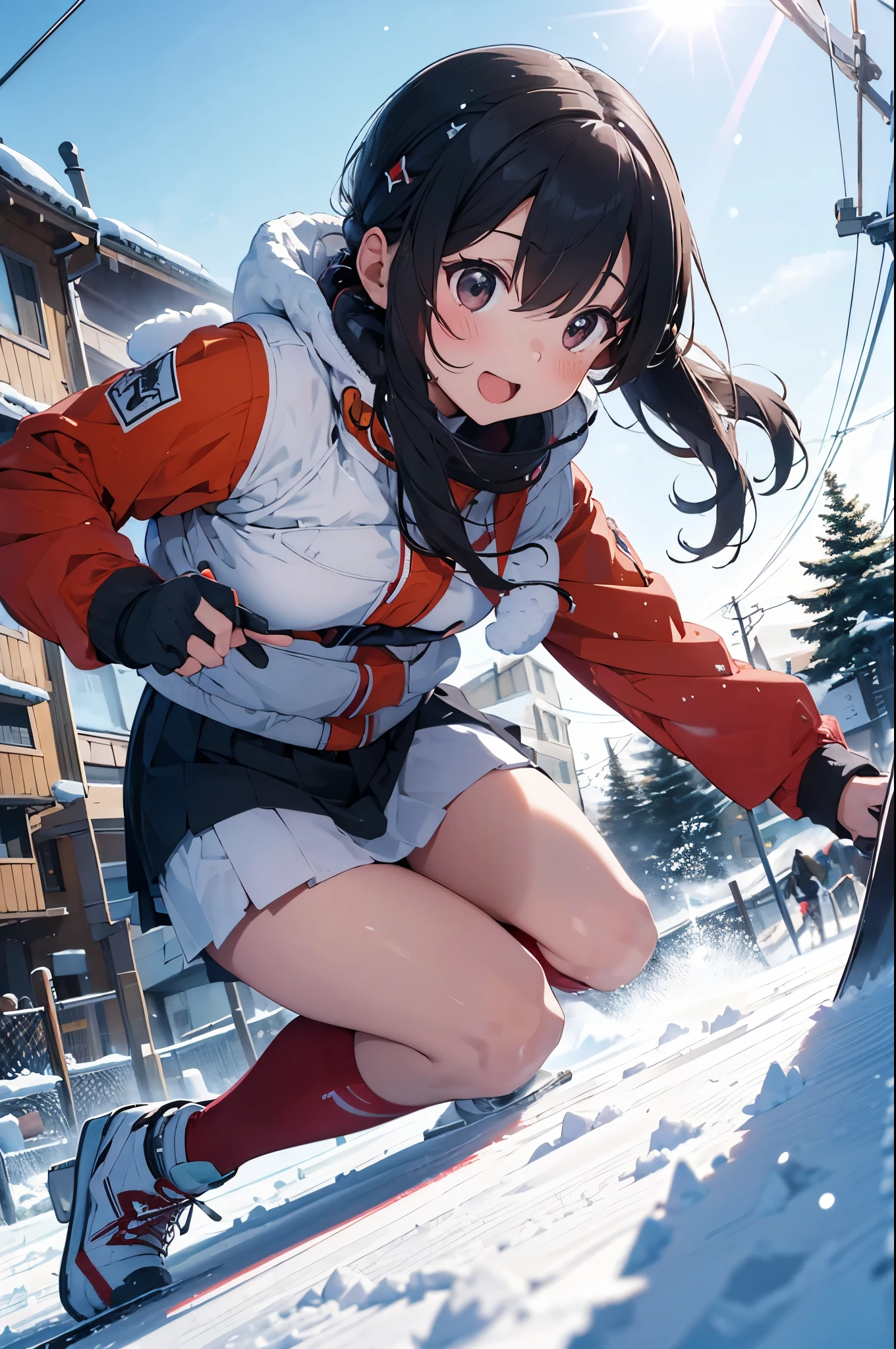 1 girl,((skiing, sled, snow explosion)),Raw edge red down jacket,yellow skirt,action shot, Brightly colored clothes,skiing場,cable car,rays of sunshine,Perfect action,perfect angle, (end:1.3) 8K, F2.8, RAW photogr, ultra - detailed, reallife,bokeh,32K,