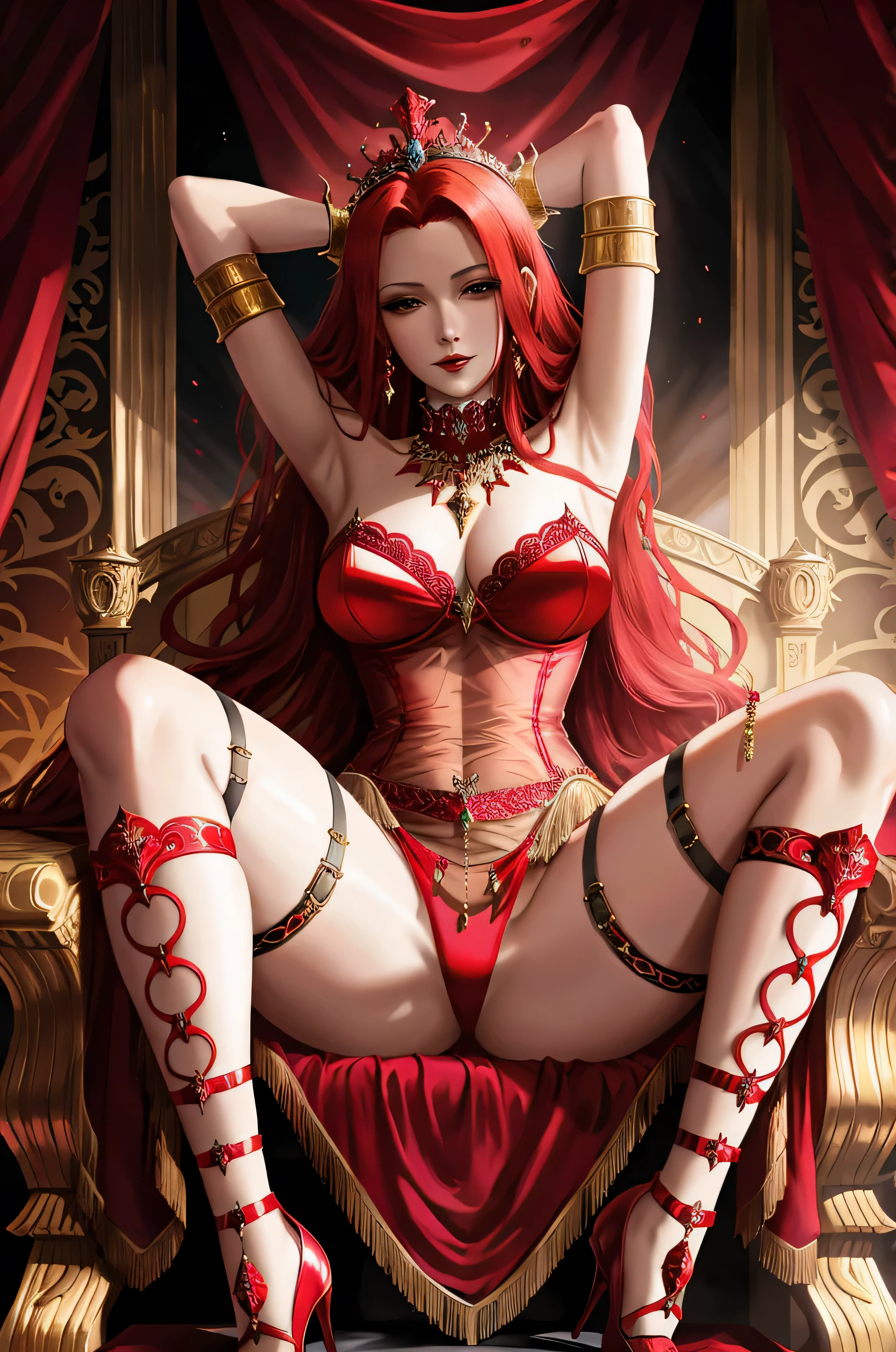 araffe woman in red lingerie demon bewitched goddess, goth looking, ultra sexy, sitting on a gold throne, a beautiful fantasy empress, redhead queen in heavy red armor, beautiful alluring anime woman, ((a beautiful fantasy empress)), seductive anime girl, red haired goddess, beautiful elegant demon queen, beautiful succubus, extremely detailed artgerm, on her throne, anime goddess, succubus | medieval