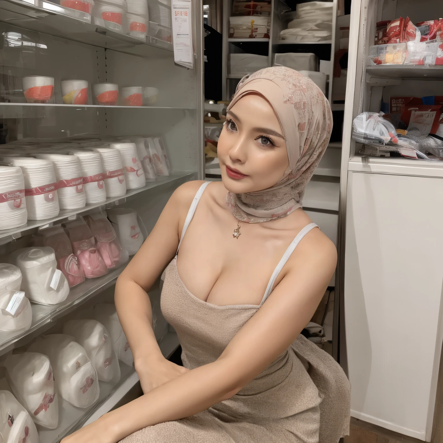57 Years old, Female, Toys Store's owner, Hijab Indonesian Mature Woman, Wearing Casual dress, wearing sport bra, Realistic wrinkels face, realistic wrinkels breast, Realistic Ultra Gigantic Breast, Breast About to Burst out, PP cup Breast, Seducting Look. Full body, seductive body language.