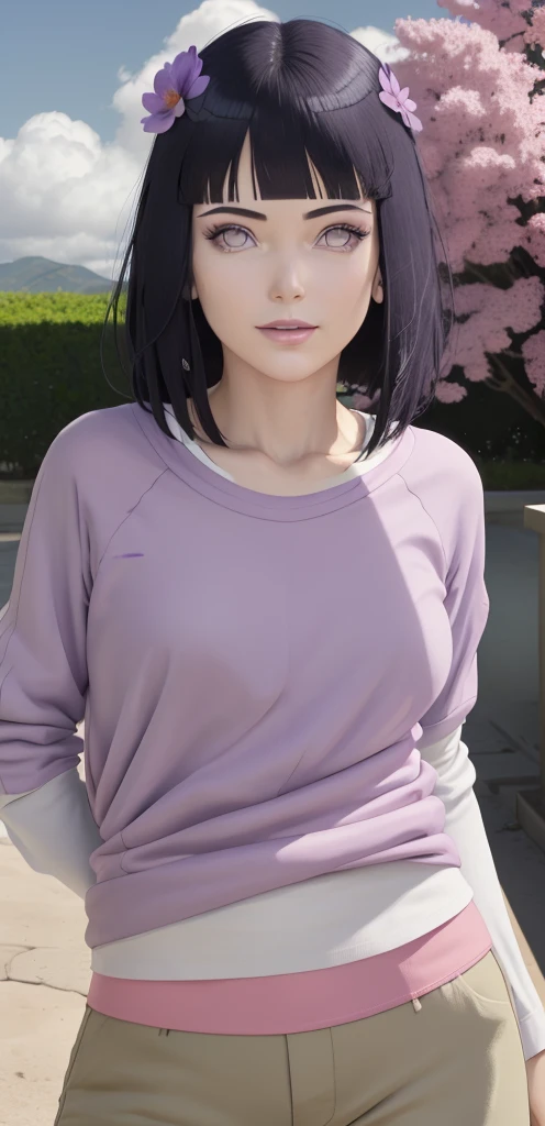 master part, absurdos, Hinata\(Boruto\), 1girl, sozinho,Mature female, Capuz roxo,mangas em camadas, brown pants, ao ar livre, Campo de flores de lavanda, looking at the petals), Cloudy sky, perfect composition, circunstanciado lips, peito grande, beautiful face, body propotion, corar, (pink lips), cabelos curtos, lilac eyes, olhar suave, sorriso triste, super realistic, circunstanciado, Photo Session, rosto e corpo realistas, Realistic hair, olhos realistas, nariz realista, realistic lips, anime, andando sob as petalas de flores, lilac sneakers