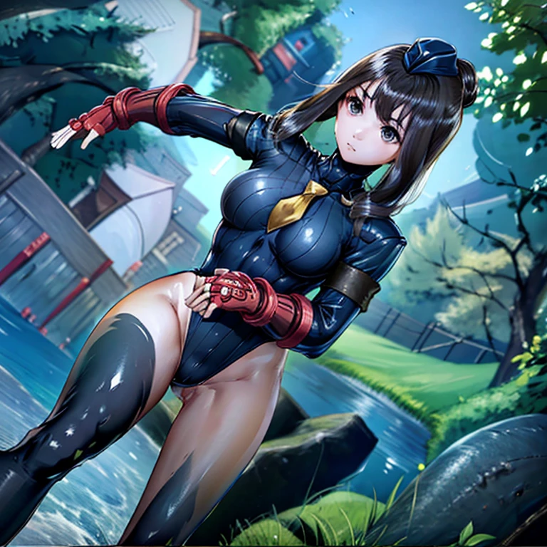 ultra-detailed, Explicit, Beautiful body, Beautiful Nose, Beautiful character design, perfect eyes, perfect face, ultra highres, 4K, beautiful legs, perfect legs, Nice hands, Perfect hand, Masterpiece, Best Quality, Highly detailed, illustration, absurdres, street fighter, doll suit, shadaloo doll, dollsuit, girls, multiple girls, expressionless, blank eyes, looking at viewer, red gloves, emotionless, black latex, corrution, mind control, female combatant, full body, hypnotized, unhappy trance, full body suit, ribbed bodysuit, both arms at side, obey, perfect female body, extremely glossy latex, hypnosis, hypnoLora, empty eyes, Mind control device, poses, submissive_pose, Slave, hat, necktie, stand up straight, standing, standing at attention, hat, necktie, belt, latex, ribbed bodysuit, thighhighs, garter belt, Fighting Stance, extending the right arm from the shoulder into the air with a straightened hand, nazi saluting, military, military saluting, salute, thigh boots, blue reflection, kasuga shiho, long hair, black hair