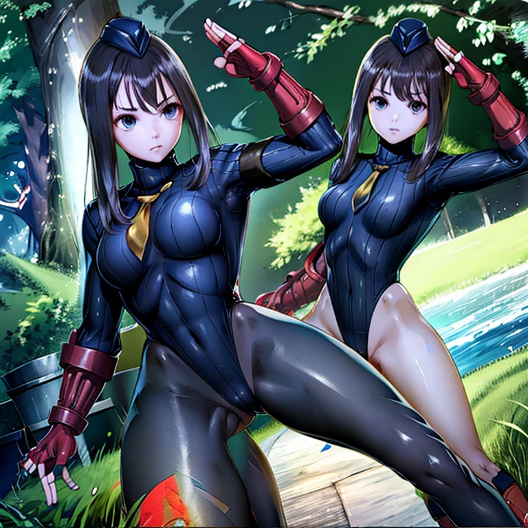 ultra-detailed, Explicit, Beautiful body, Beautiful Nose, Beautiful character design, perfect eyes, perfect face, ultra highres, 4K, beautiful legs, perfect legs, Nice hands, Perfect hand, Masterpiece, Best Quality, Highly detailed, illustration, absurdres, street fighter, doll suit, shadaloo doll, dollsuit, girls, multiple girls, expressionless, blank eyes, looking at viewer, red gloves, emotionless, black latex, corrution, mind control, female combatant, full body, hypnotized, unhappy trance, full body suit, ribbed bodysuit, both arms at side, obey, perfect female body, extremely glossy latex, hypnosis, hypnoLora, empty eyes, Mind control device, poses, submissive_pose, Slave, hat, necktie, stand up straight, standing, standing at attention, hat, necktie, belt, latex, ribbed bodysuit, thighhighs, garter belt, Fighting Stance, extending the right arm from the shoulder into the air with a straightened hand, nazi saluting, military, military saluting, salute, thigh boots, blue reflection, kasuga shiho, long hair, black hair