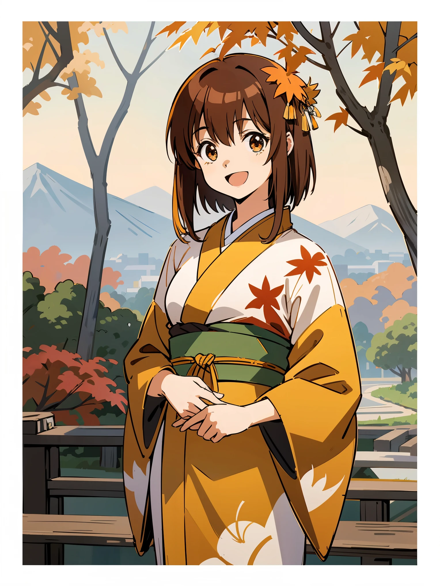 masutepiece,Best Quality,Solo, Looking at Viewer,Smile,Open mouth, Noriko Takaya,1girl in, Medium Hair,Brown hair,the morning sun(mountainscape))(Kyoto in Japan(Colored leaves:1.5)),BREAK ,elaborate costume(Luxury kimono(Colorful kimono(detailed embroidery()))),BREAK,1 masutepiece,Best Quality,Solo, Looking at Viewer,Smile,Open mouth, Noriko Takaya,1girl in, Medium Hair,Brown hair