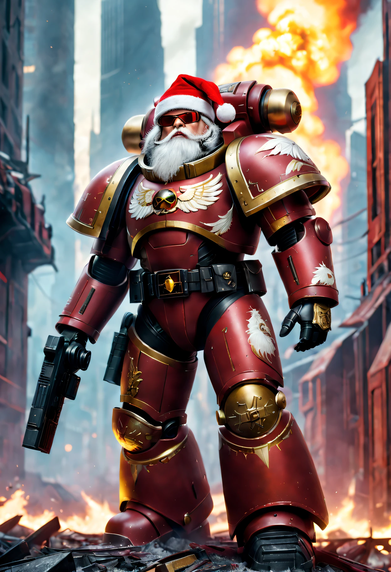 Warhammer 40K universe，santa，Red gold armor mechanical suit，shiny red sunglasseierce war environment，Destroyed buildings and flames，The background is a futuristic cityscape，santa帽子，severe and threatening atmosphere，Sci-fi cyberpunk aesthetics，High contrast and desaturated tones，Dramatic and dynamic lighting effect quality,4K,A high resolution,tmasterpiece:1.2),ultra - detailed,(actual,photoactual,photo-actual:1.37)