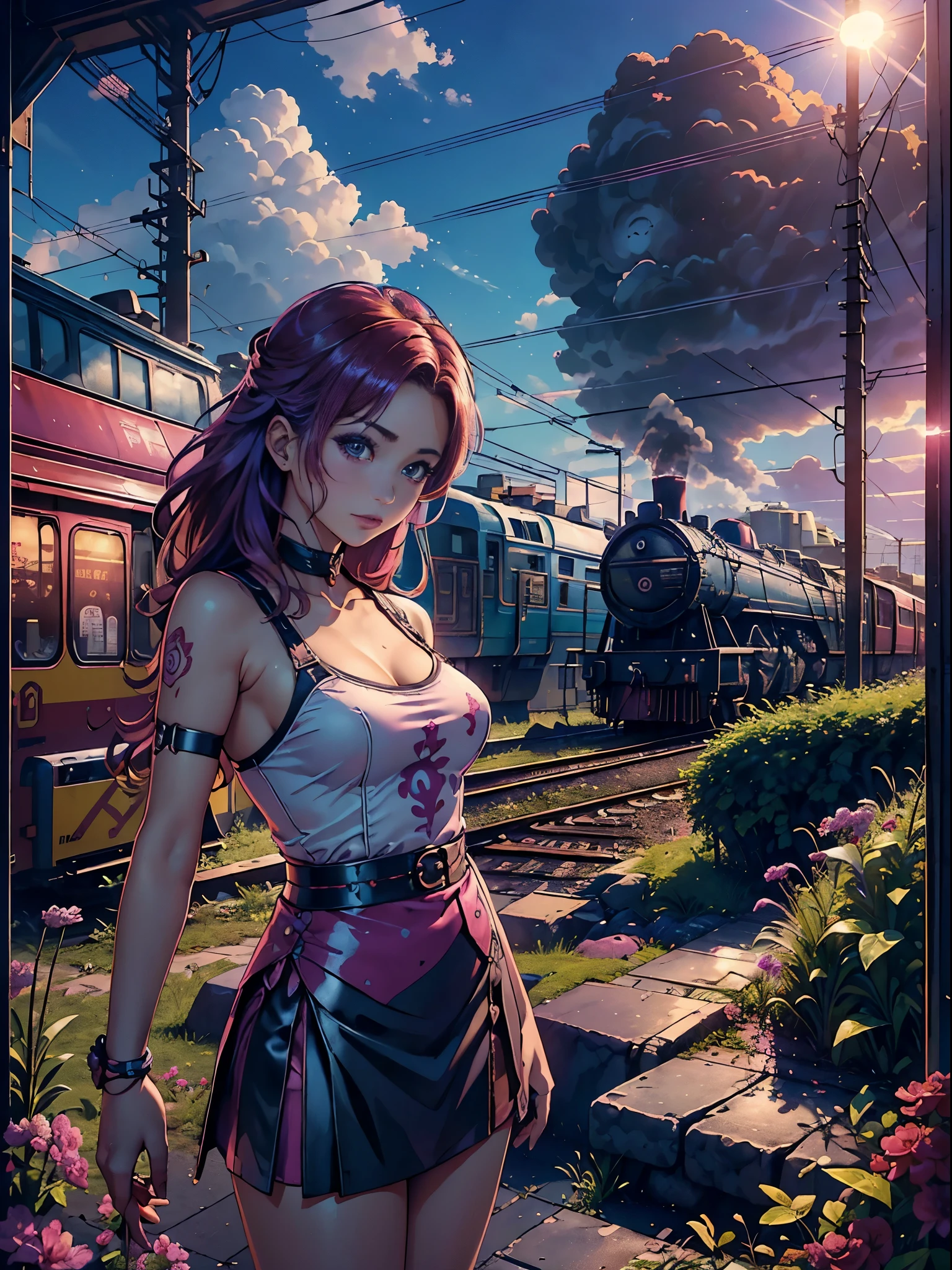 magenta tint、Vibrant colors、((tmasterpiece)))、(((quality)))、((ultra - detailed))、(Surreal)、(Very detailed CG illustration）、offcial art、CD cover、It will be、midsummer、The glorious 1980s、1个Giant Breast Girl，Cool beauty、cochetti gorgeous、incomparable beauty、Hair color、Rock music、jaqueta de couro、Superskirt、perfect angle、Perfectcomposition、(evening，trains站台，trains，Cloud)，